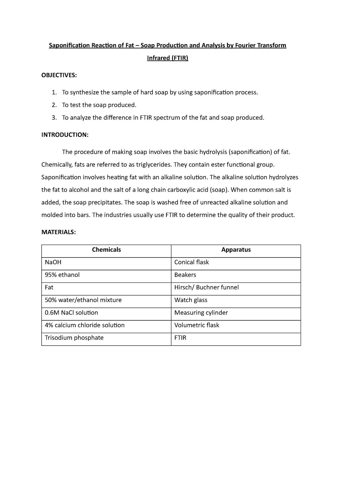 LAB Report group 1 - Saponification Reaction of Fat – Soap Production ...