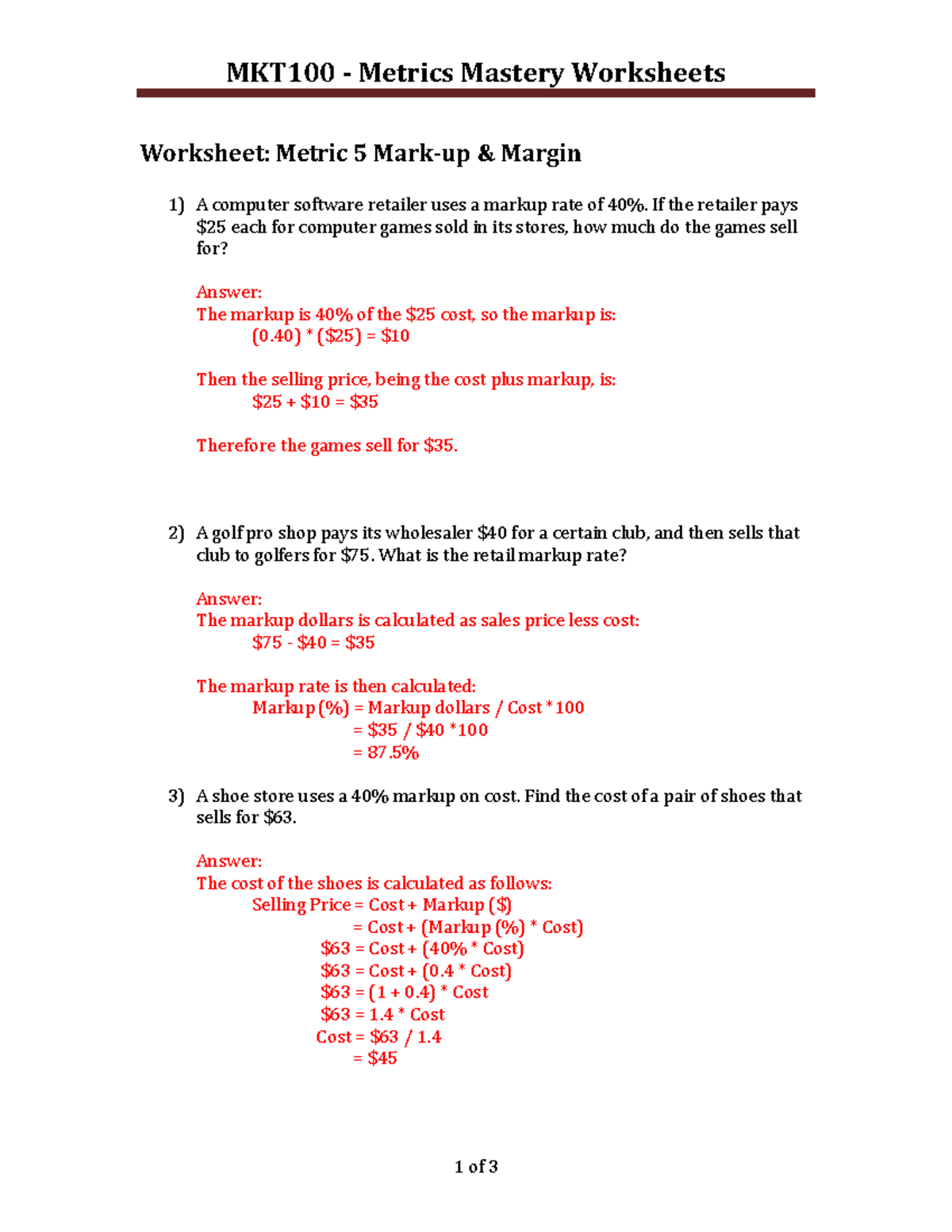 Metrics 5 Mastery Worksheets - With Answers - MKT100 Metrics Mastery Worksheets  Worksheet: Metric 5 - Studocu