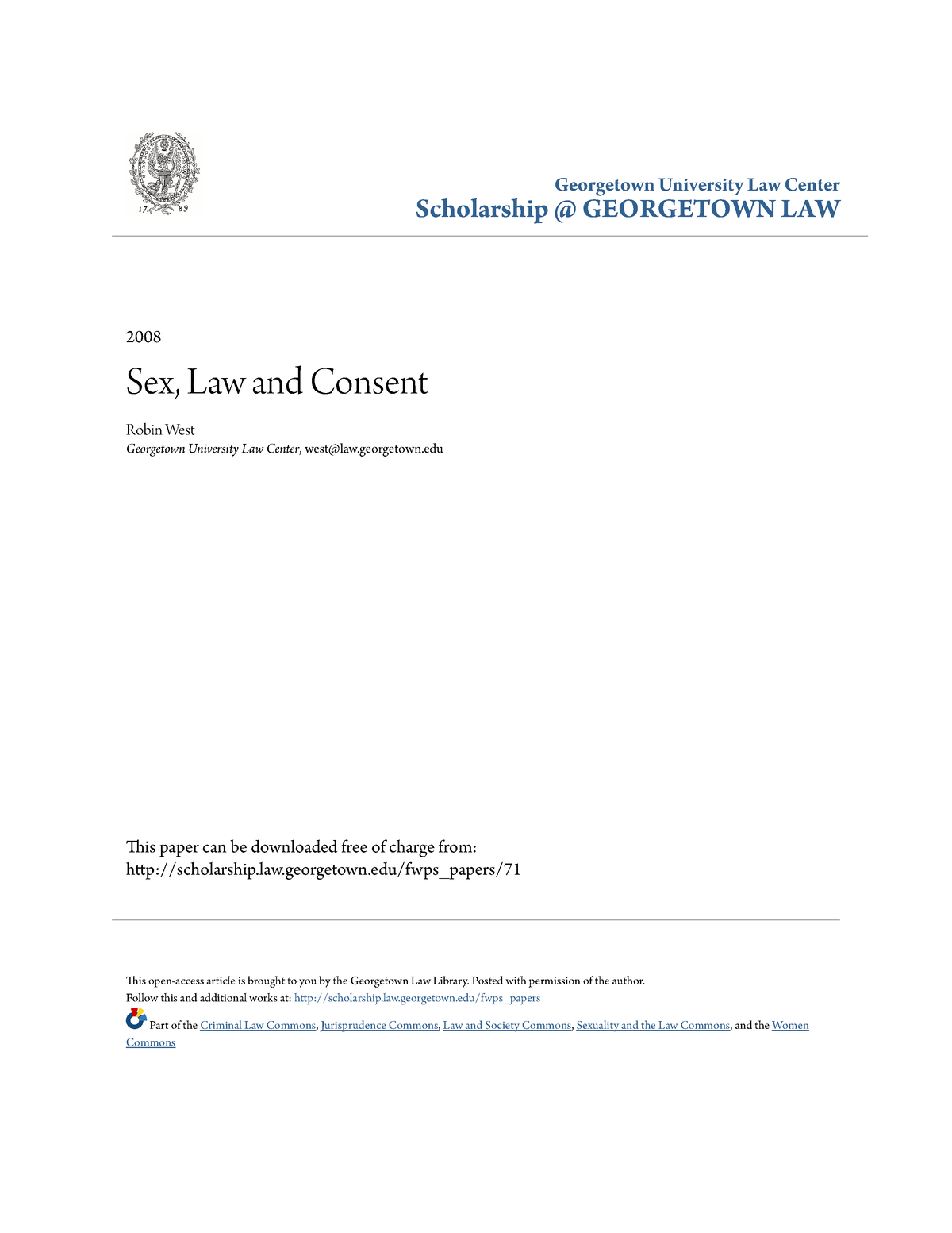 Sex Law And Consent Georgetown University Law Center Scholarship Georgetown Law 2008 0281