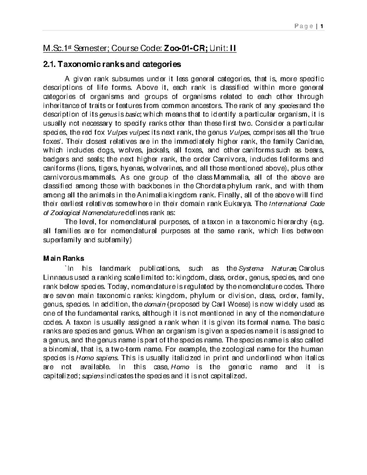 01CR Unit II 2 zoology M.Sc Semester; Course Code Zoo01CR; Unit