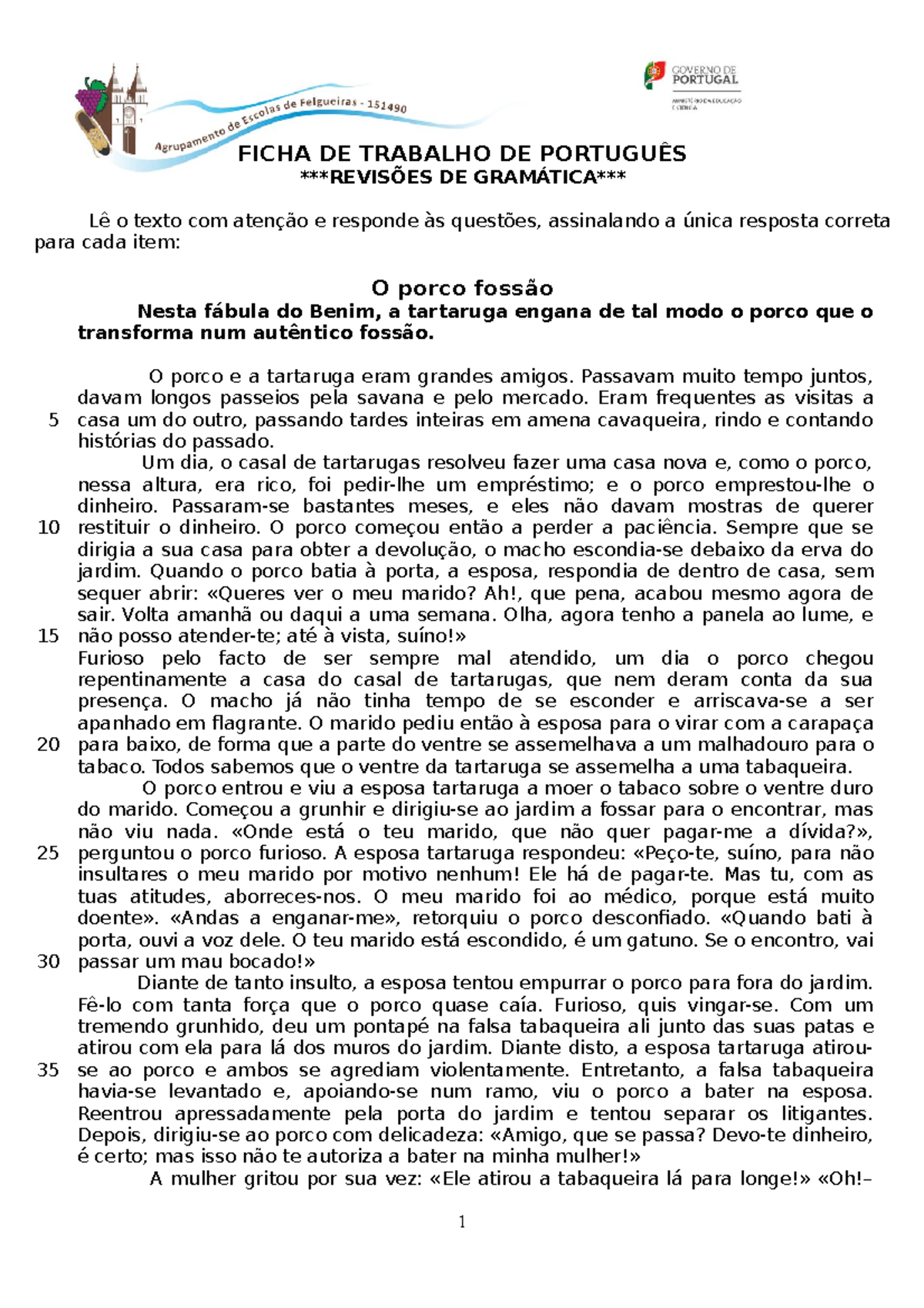 Ficha De Trabalho - Revisão Da Gramática - FICHA DE TRABALHO DE ...