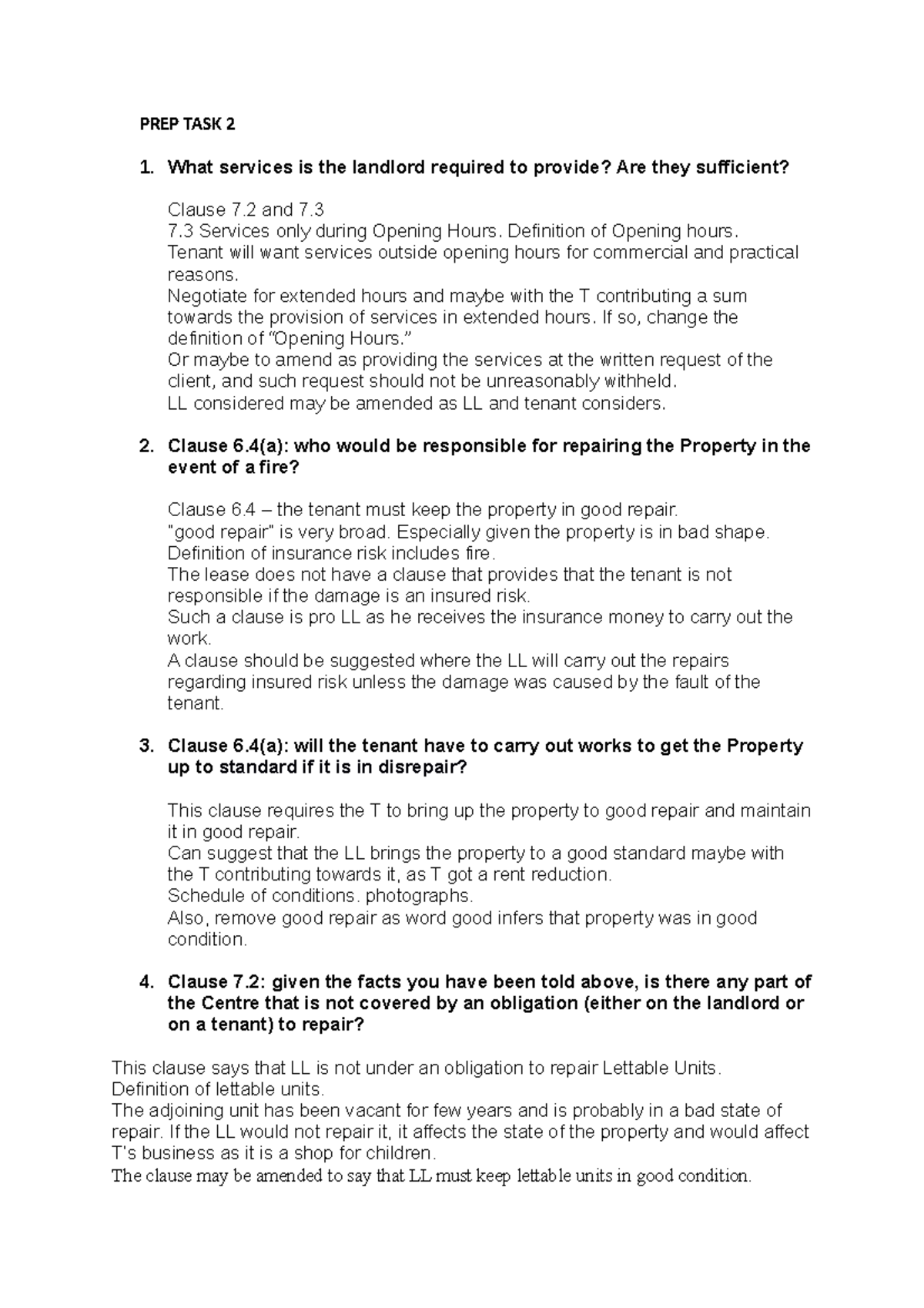 Unit 12 Lecture notes PREP TASK 2 What services is the landlord
