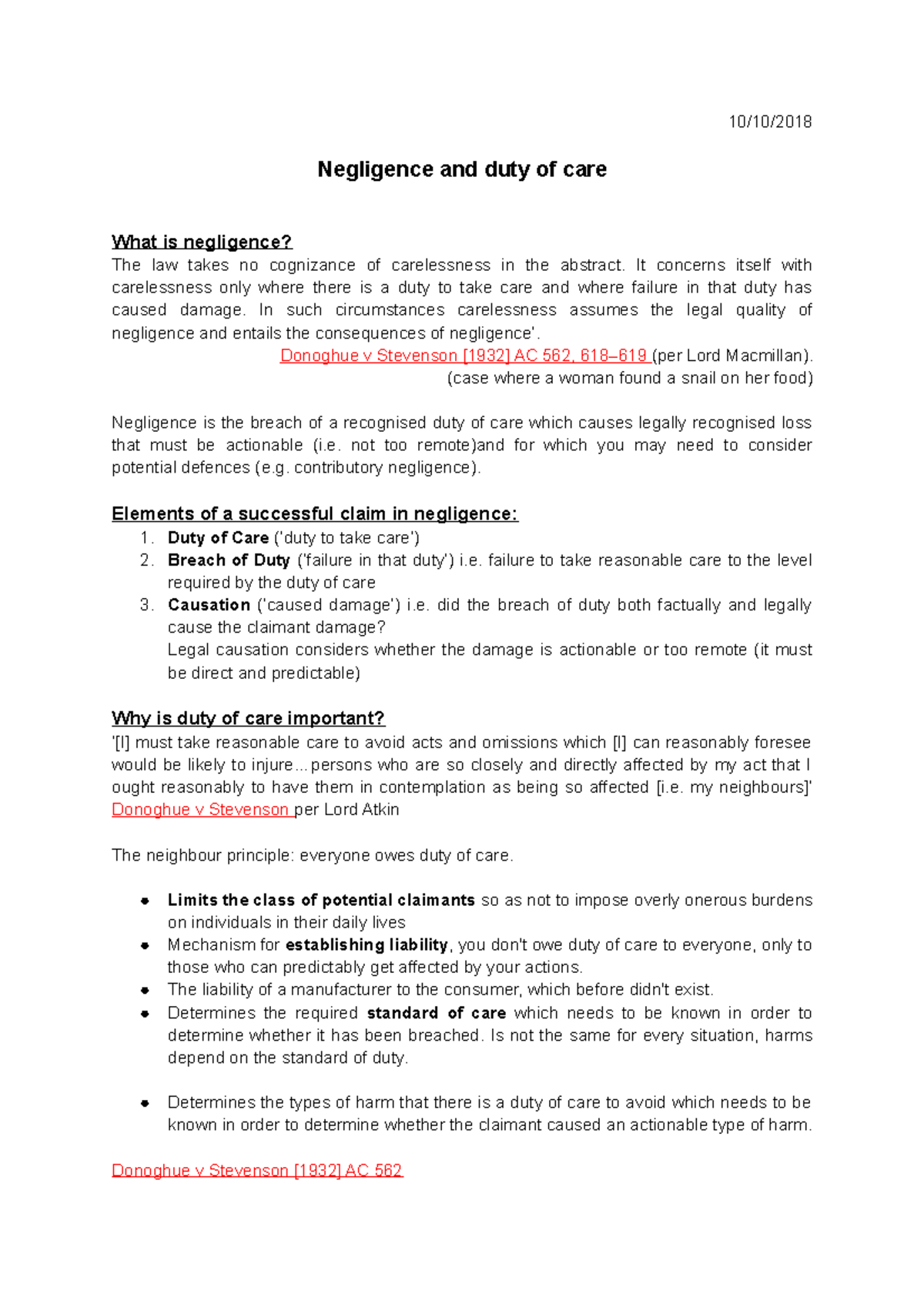 3. Negligence Duty of care 10/10/ Negligence and duty of care What is negligence? The law 3. Negligence Duty of care 10/10/ Negligence and duty of care What is negligence? The law