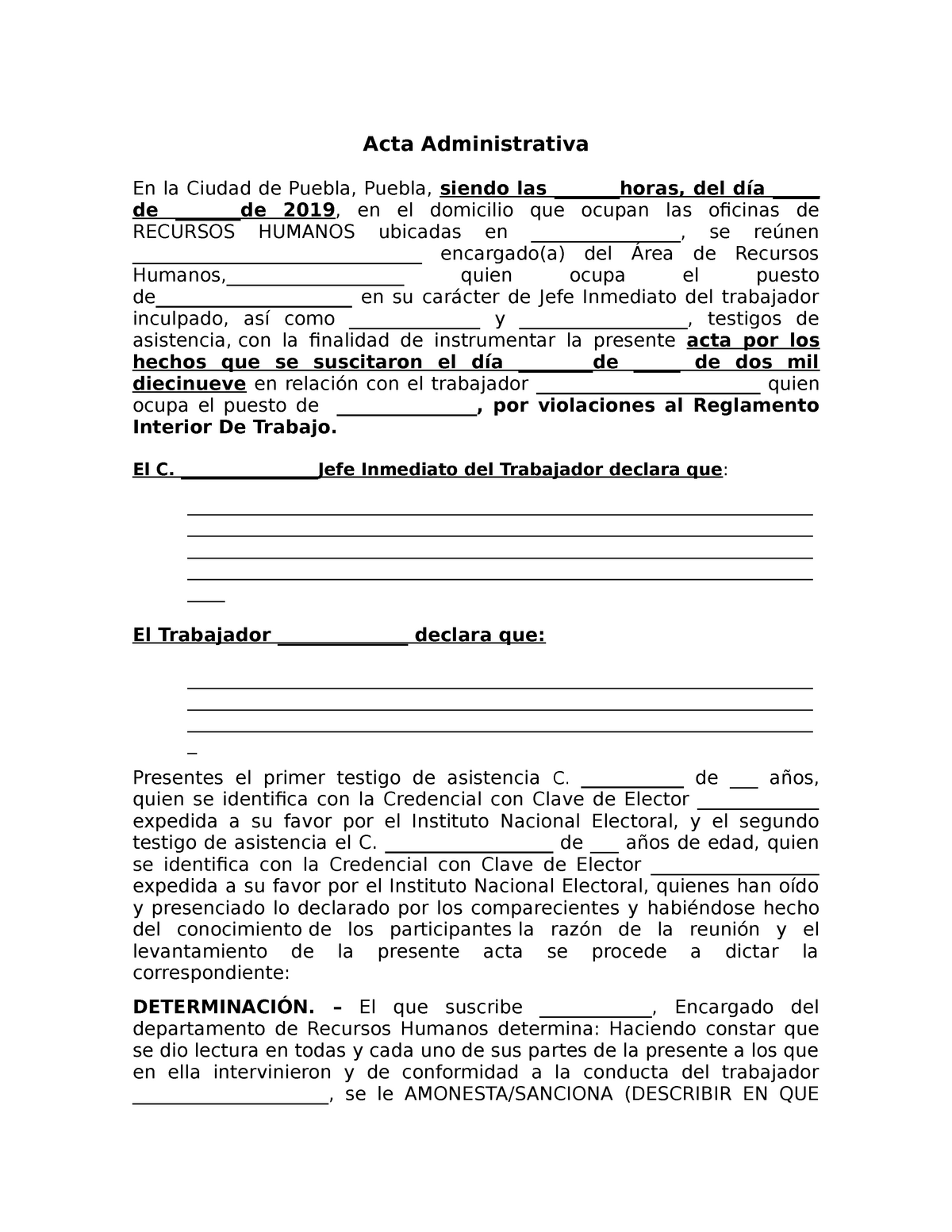 Formato para Acta Administrativa LABORAL - Acta Administrativa En la Ciudad  de Puebla, Puebla, - Studocu