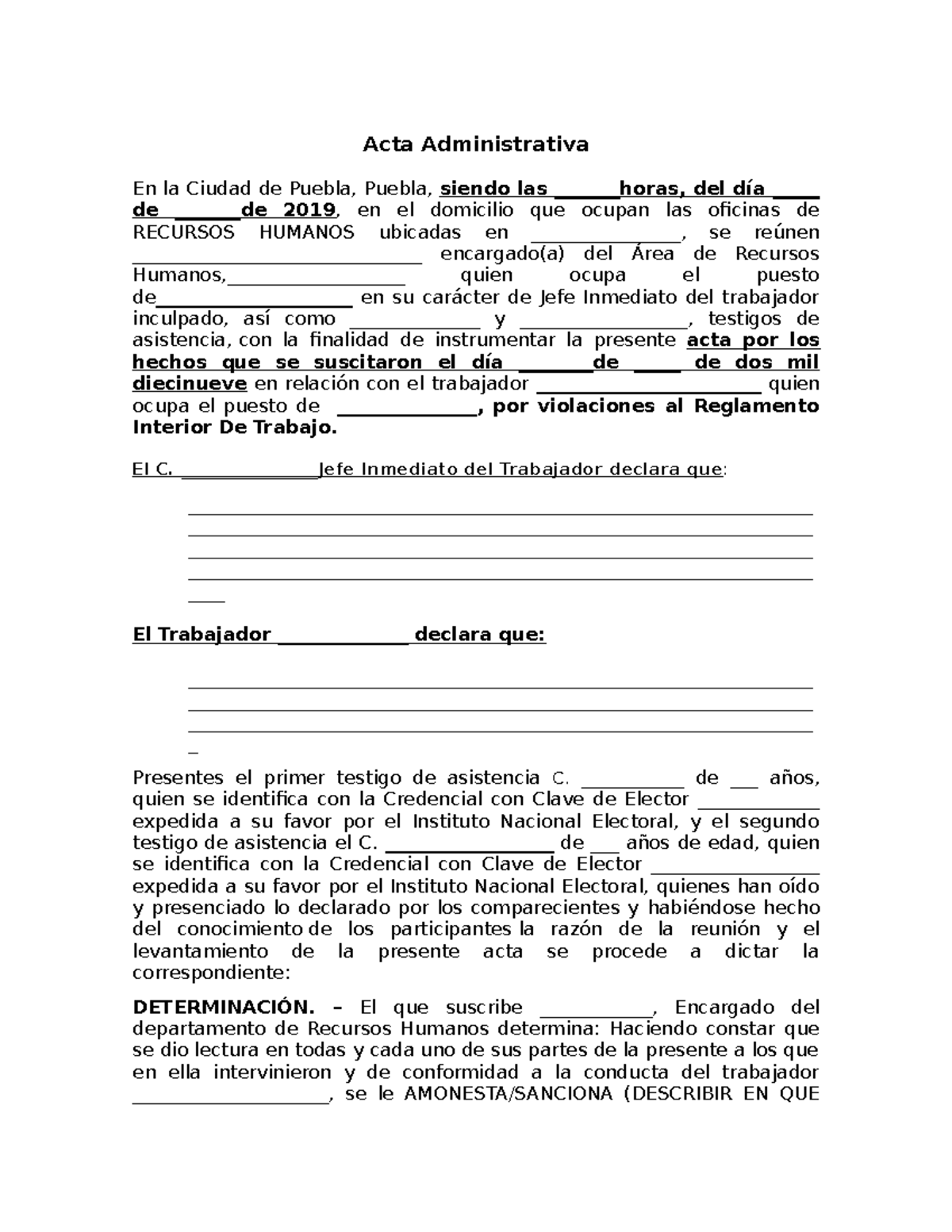 Formato para Acta Administrativa LABORAL - Acta Administrativa En la Ciudad  de Puebla, Puebla, - Studocu