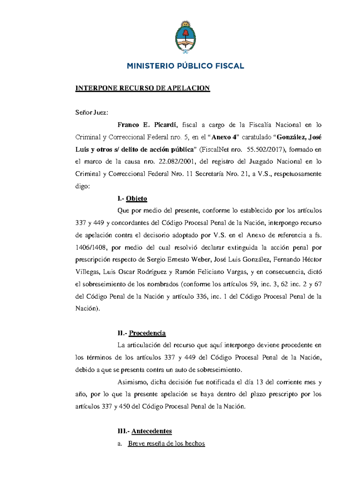 Modelo Apelación Prescripción Anexo 4 18 12 19 Interpone Recurso De