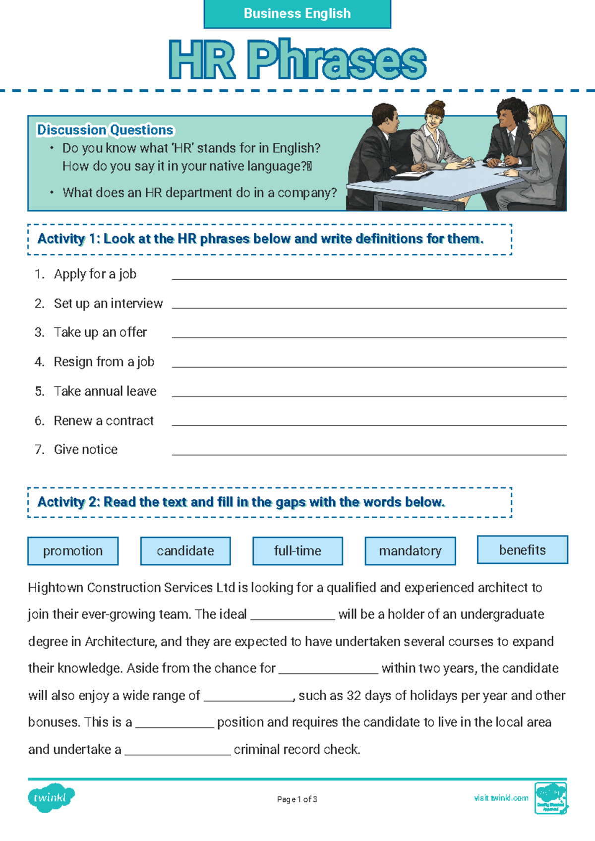Esl-business-english-hr-phrases-worksheet-adults-b1-b2 ver 2 - Activity ...