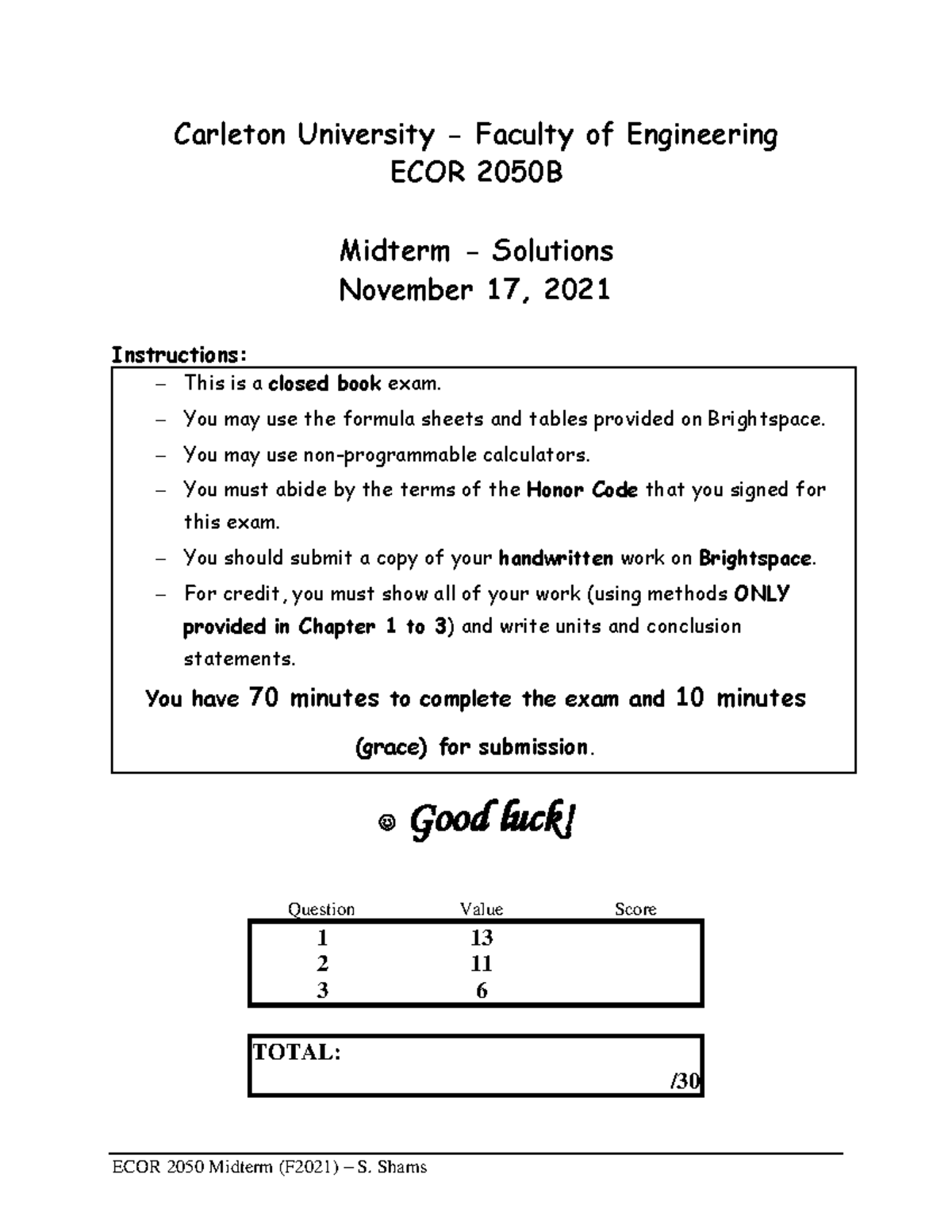 Midterm - Fall 2021 - Section B - Solutions - Carleton University ...