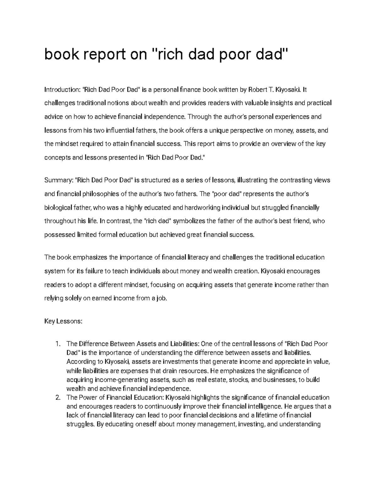 book report on rich dad poor dad