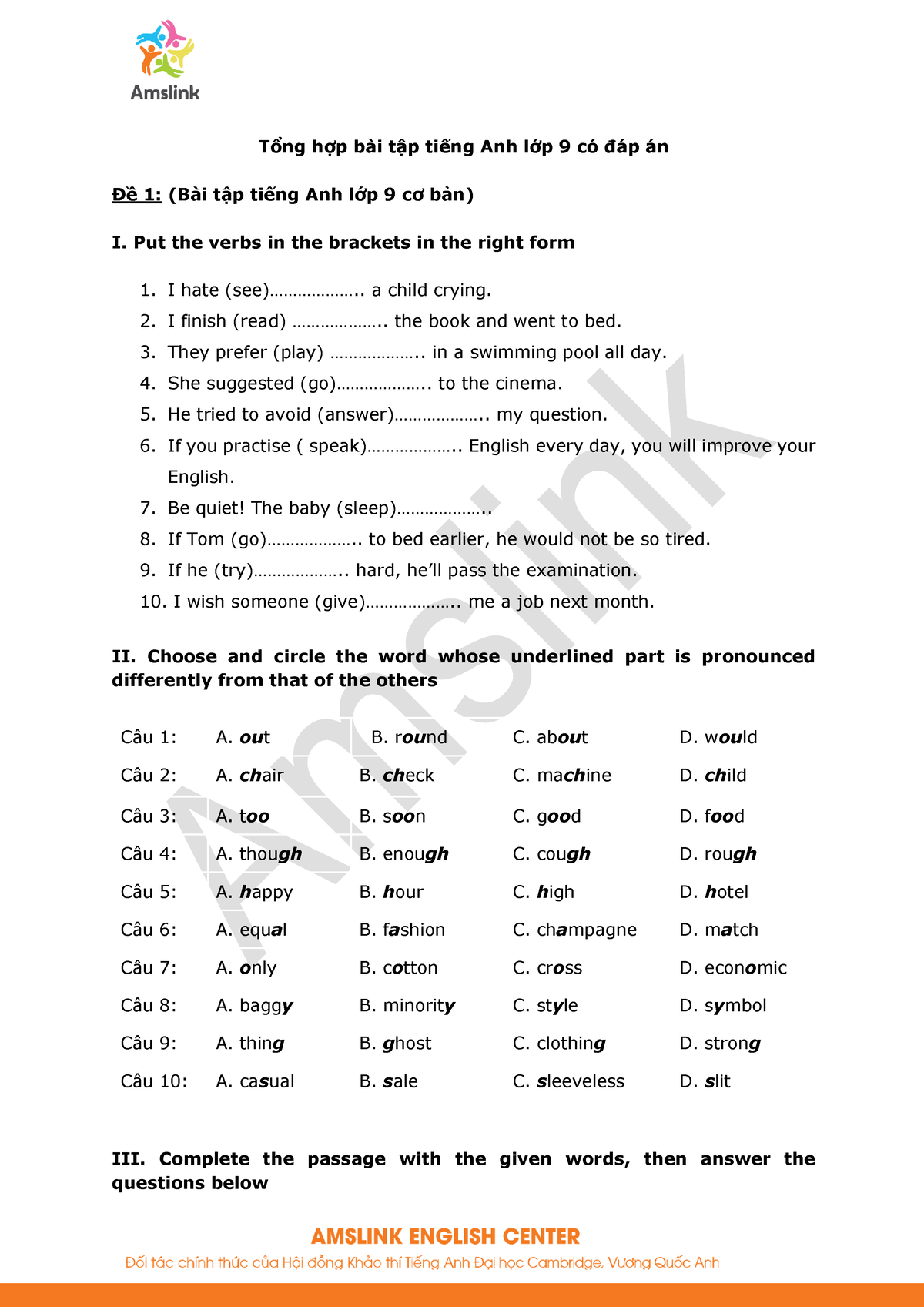 Amslink - Tổng hợp bài tập tiếng Anh lớp 9 có đáp án - Tổng hợp bài tập tiếng Anh lớp 9 có đáp án Đề - StuDocu