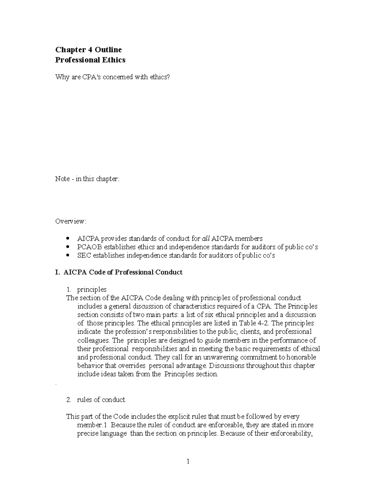Ch4 outline - lecture note - Chapter 4 Outline Professional Ethics Why ...