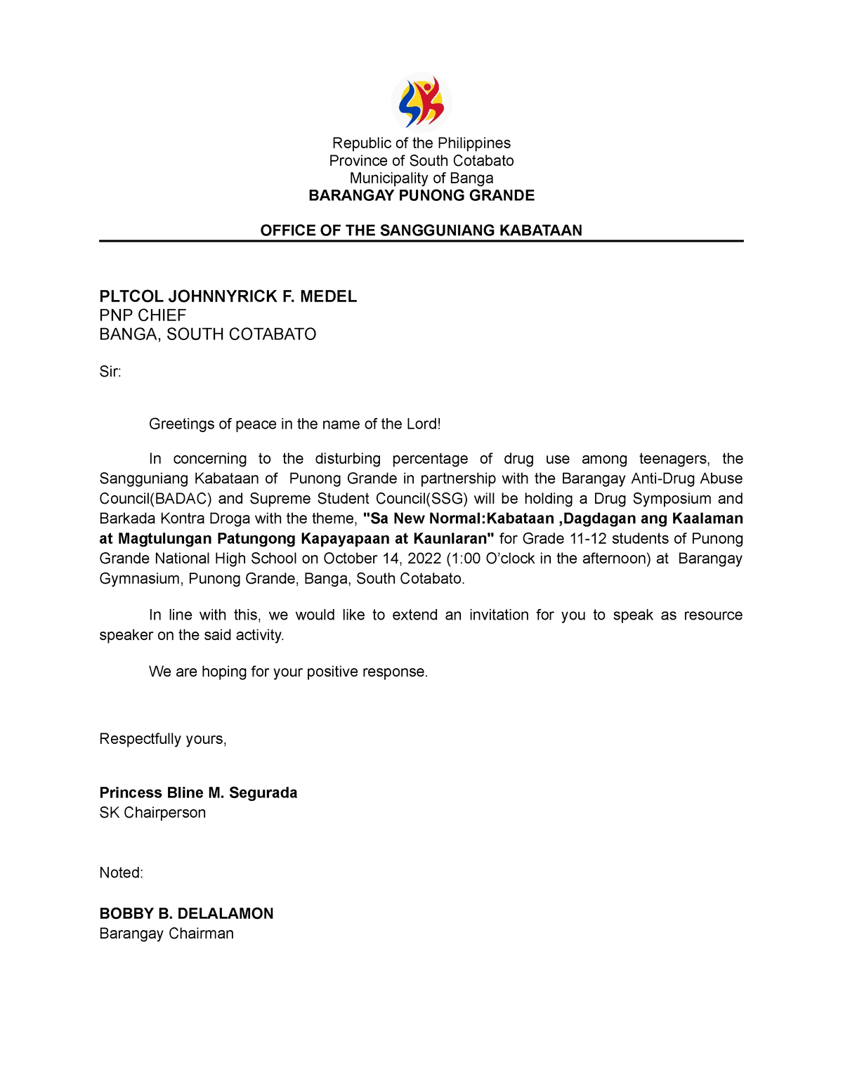 Letter for pnp BKD - Republic of the Philippines Province of South