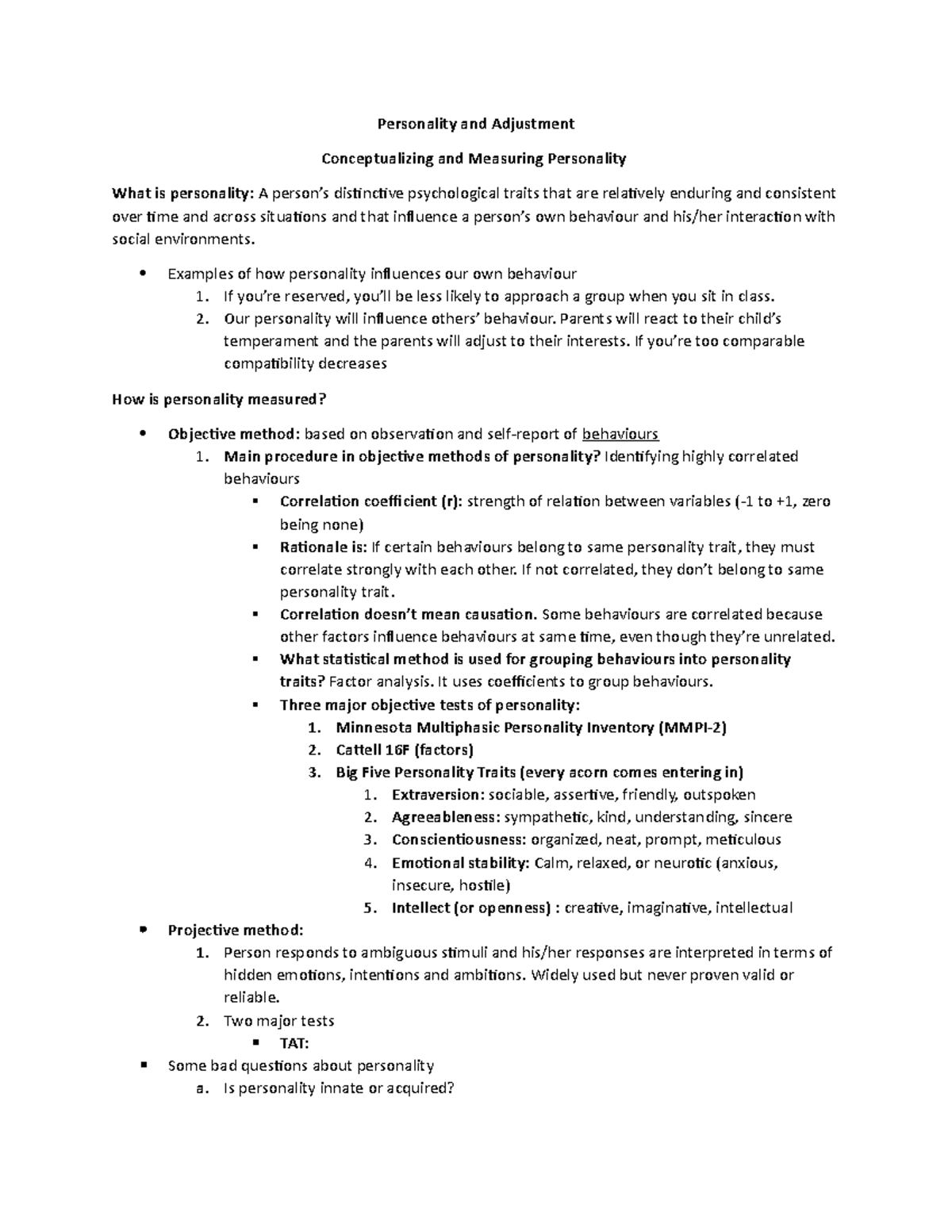 Personality and Adjustment Personality and Adjustment Conceptualizing
