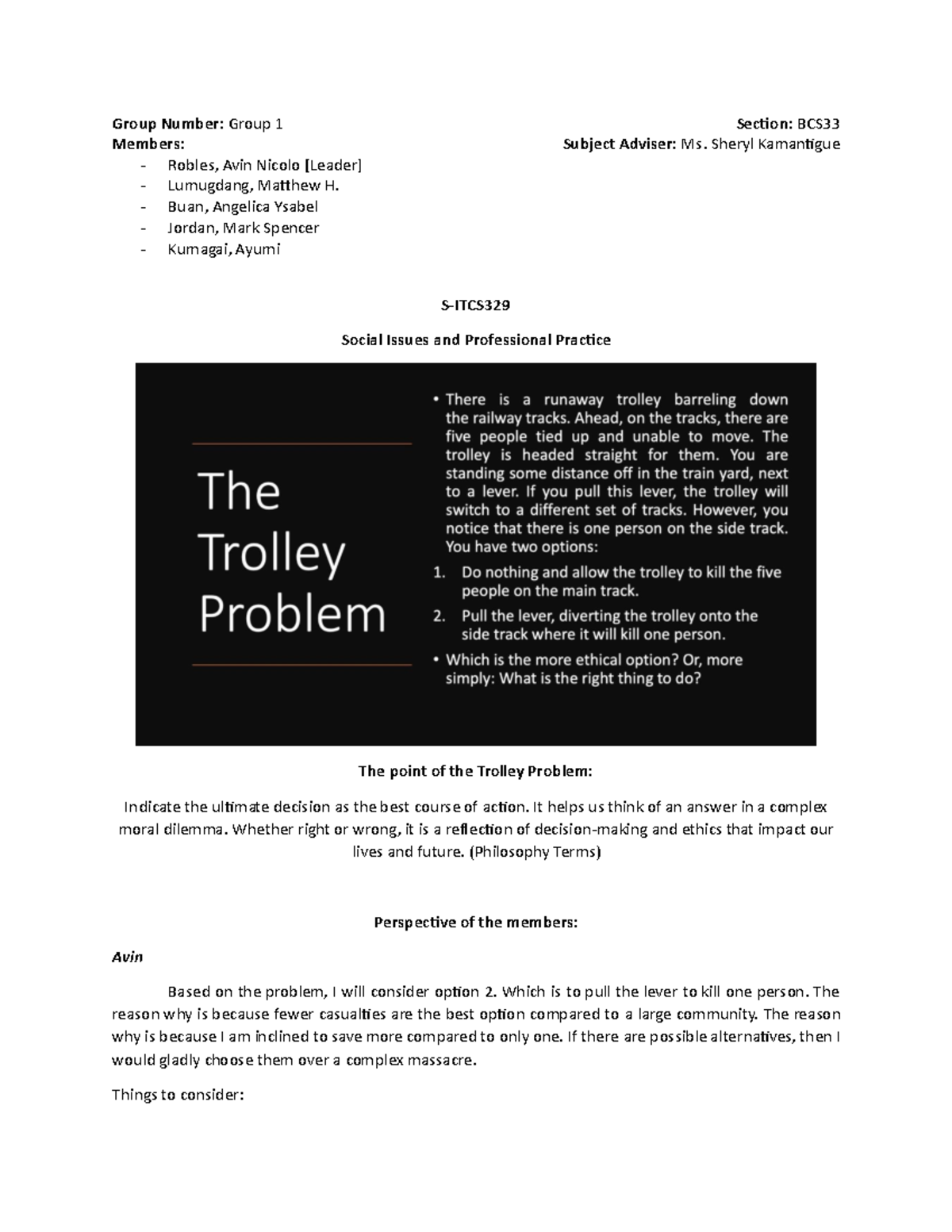 Group 1 - Trolley Problem - Group Number: Group 1 Section: BCS Members ...