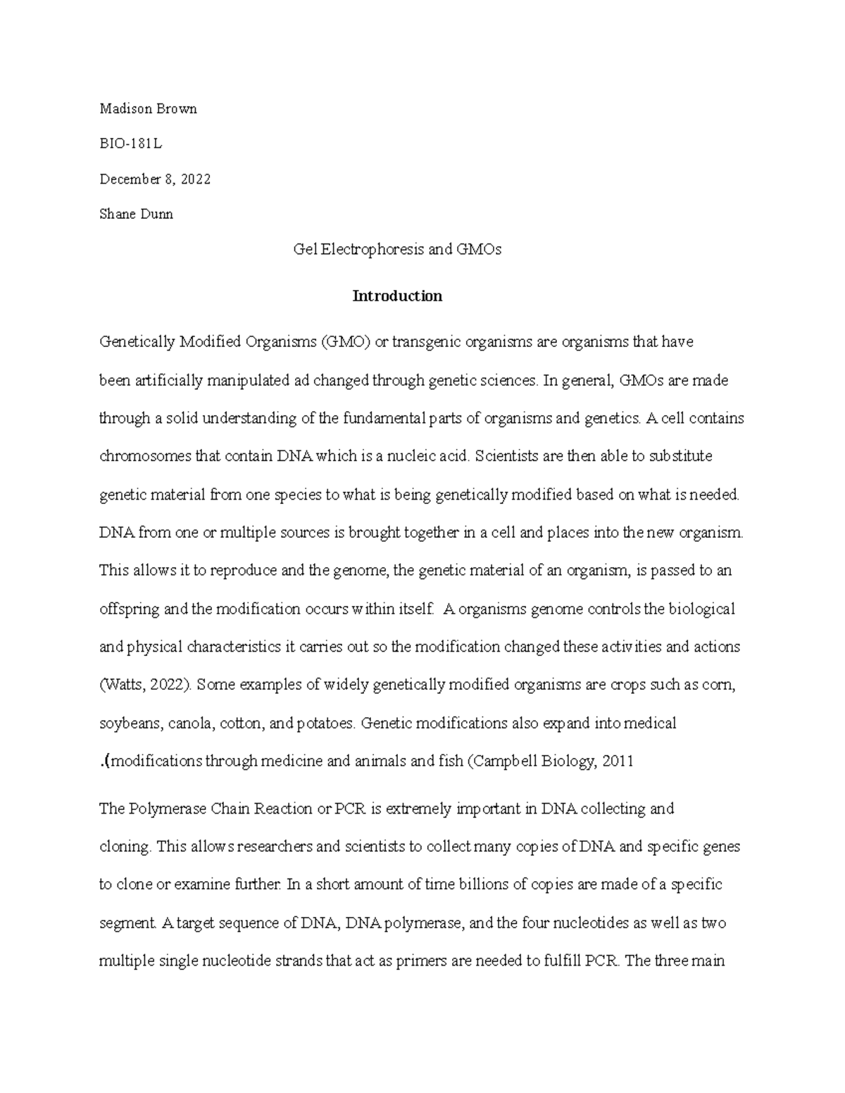 Applications of Molecular Biology Lab Report Madison Brown BIO181L