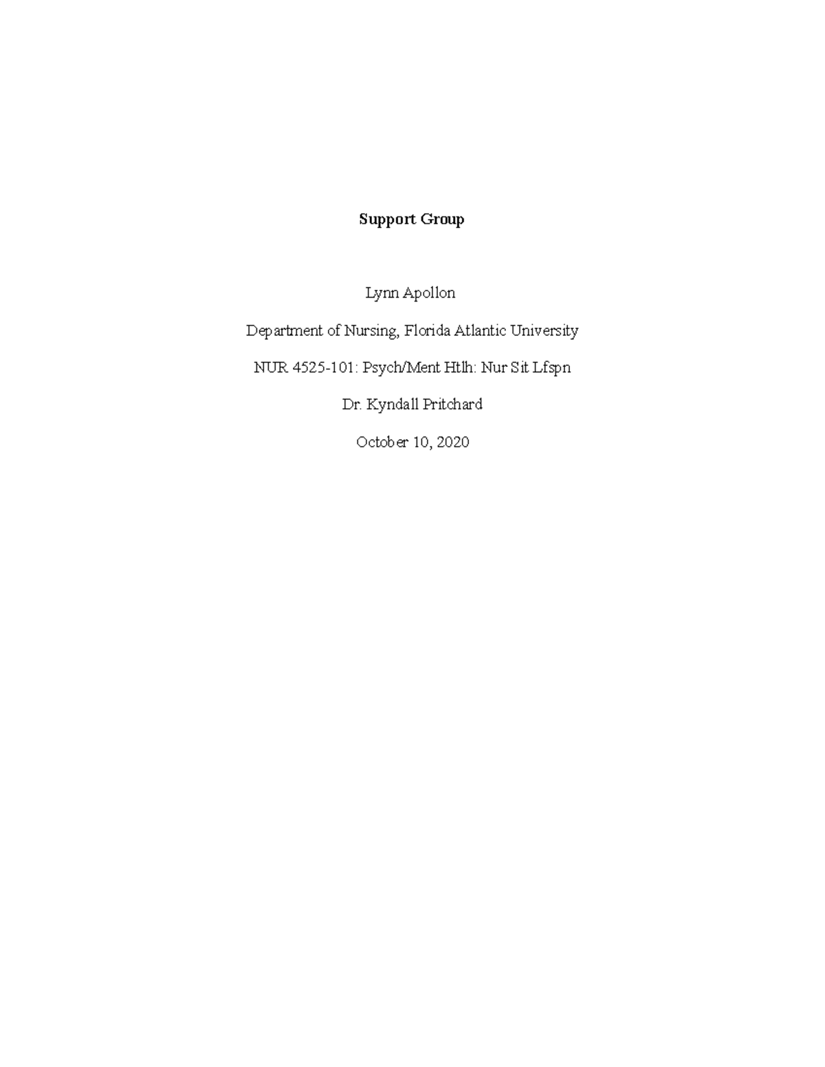 Support Group Paper - Fau - Support Group Lynn Apollon Department Of 