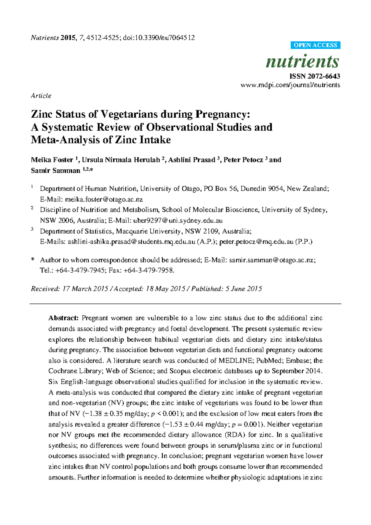 Zinc Status of Vegetarians during Pregnancy - Nutrients 2015 , 7 , 4512 ...