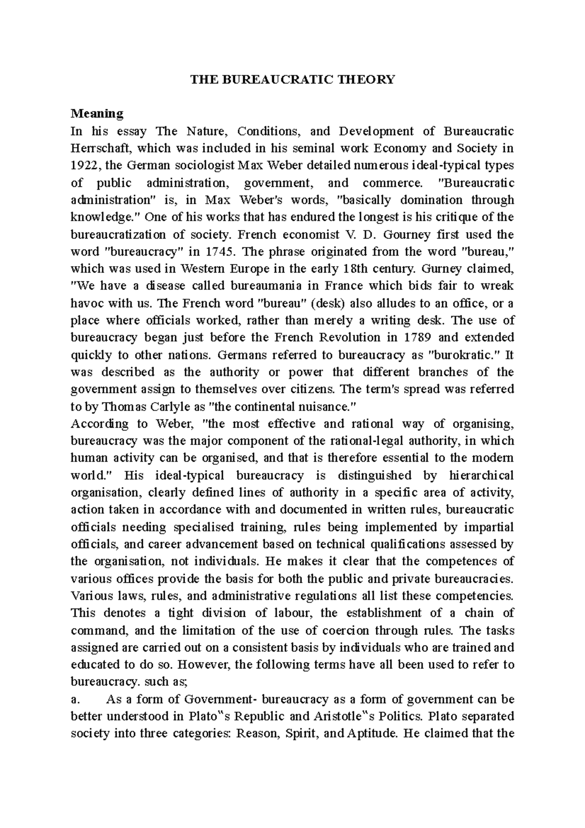 The Bureaucratic Theory - THE BUREAUCRATIC THEORY Meaning In his essay ...