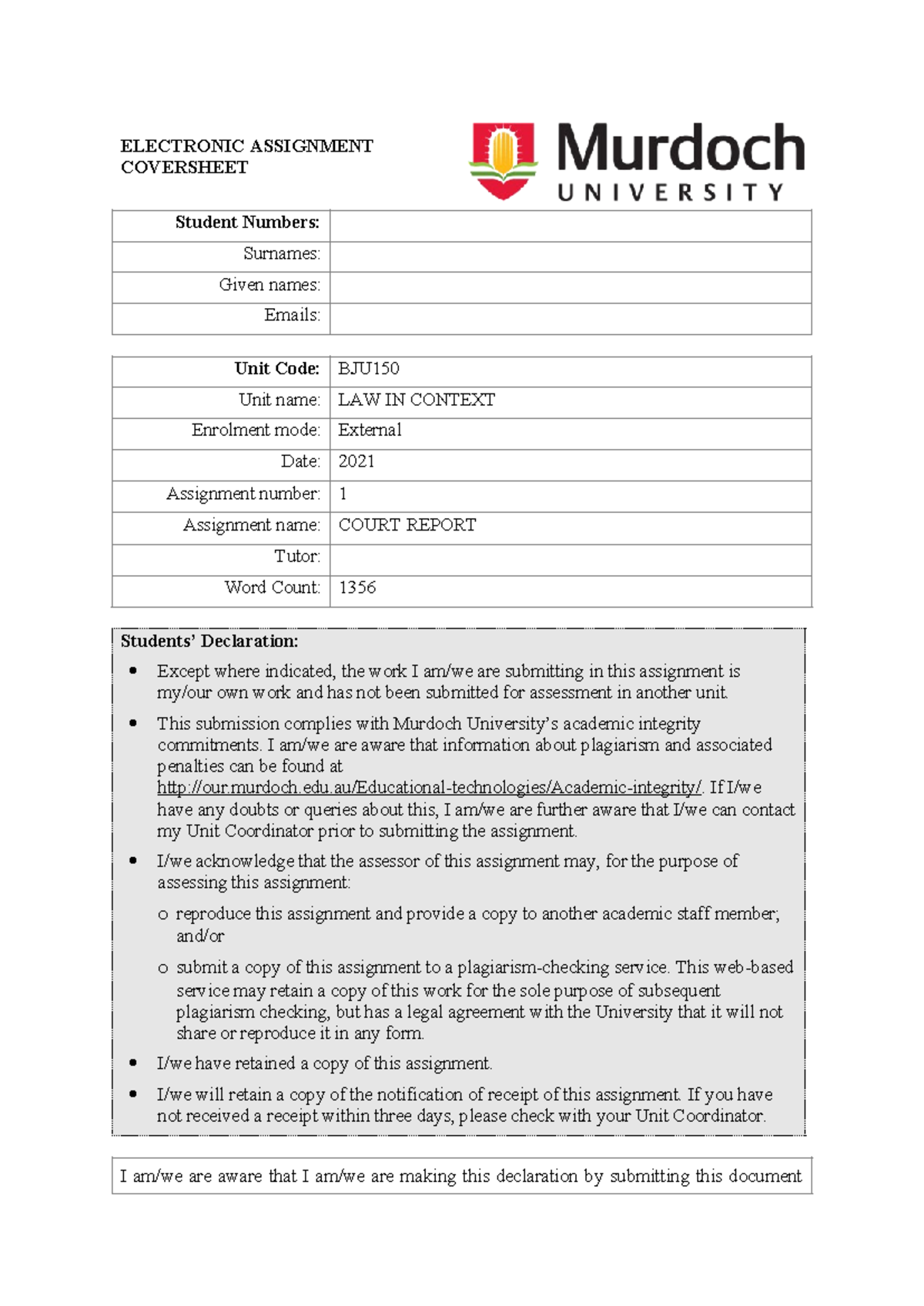 BJU150 Court Report - ELECTRONIC ASSIGNMENT COVERSHEET Student Numbers ...