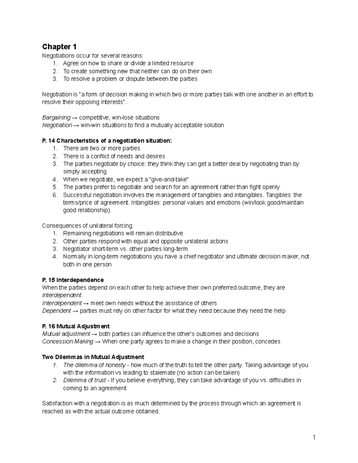 Summary Negotiation Strategies - Chapter 1 Negotiations occur for ...