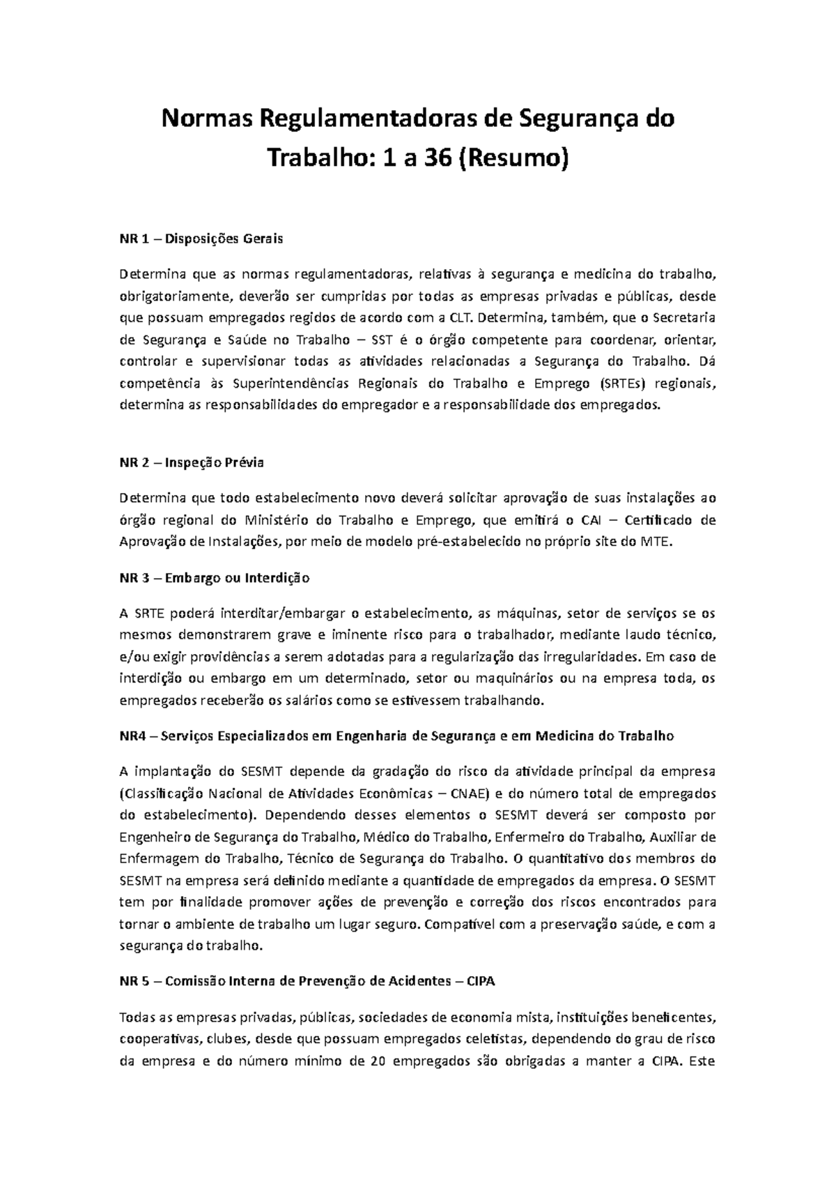 Normas Regulamentadoras 1 A 36 Normas Regulamentadoras De Do Trabalho 1 A 36 Resumo Nr 1 Gerais Studocu