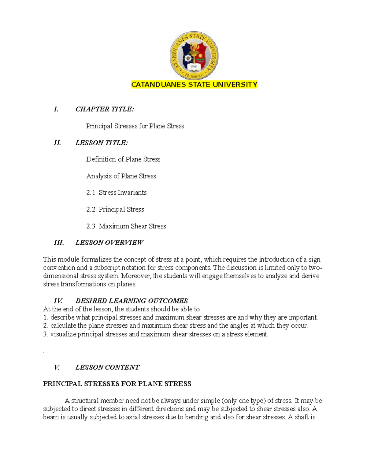 Lesson on Principal Stresses for Plane Stress - I. CHAPTER TITLE ...