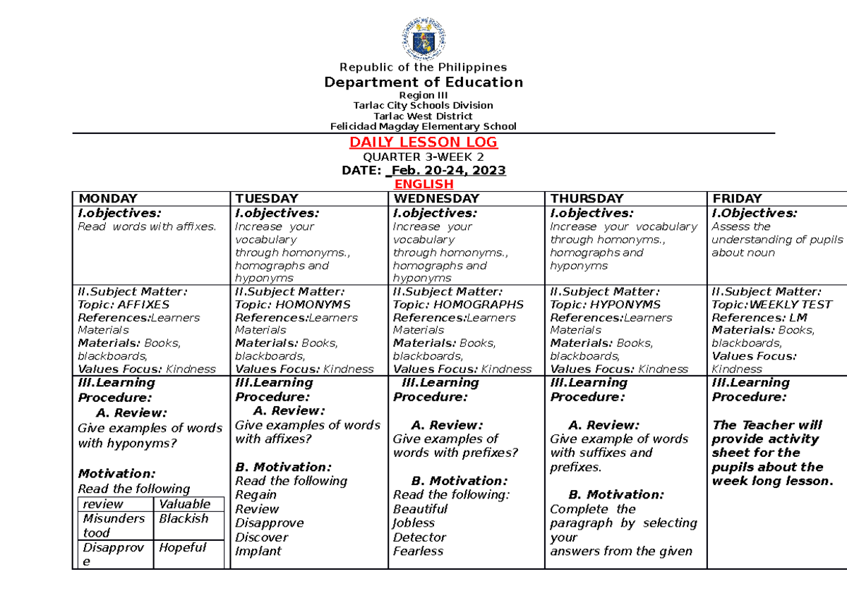 DLLQ3WEEK2 grade 3 quarter 3 Republic of the Philippines Department of Education Region