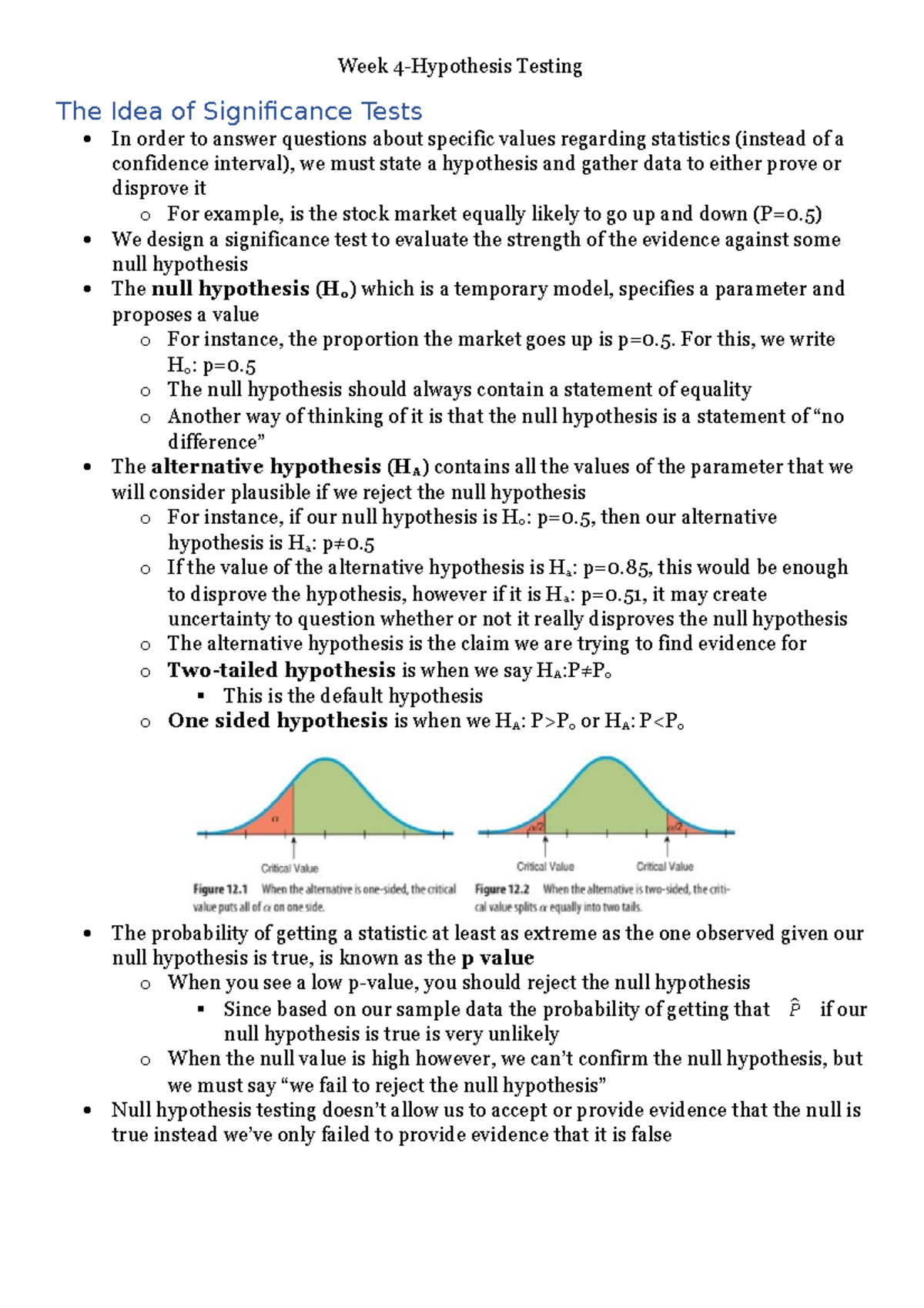Week 4-Hypothesis Testing - The Idea of Significance Tests In order to ...