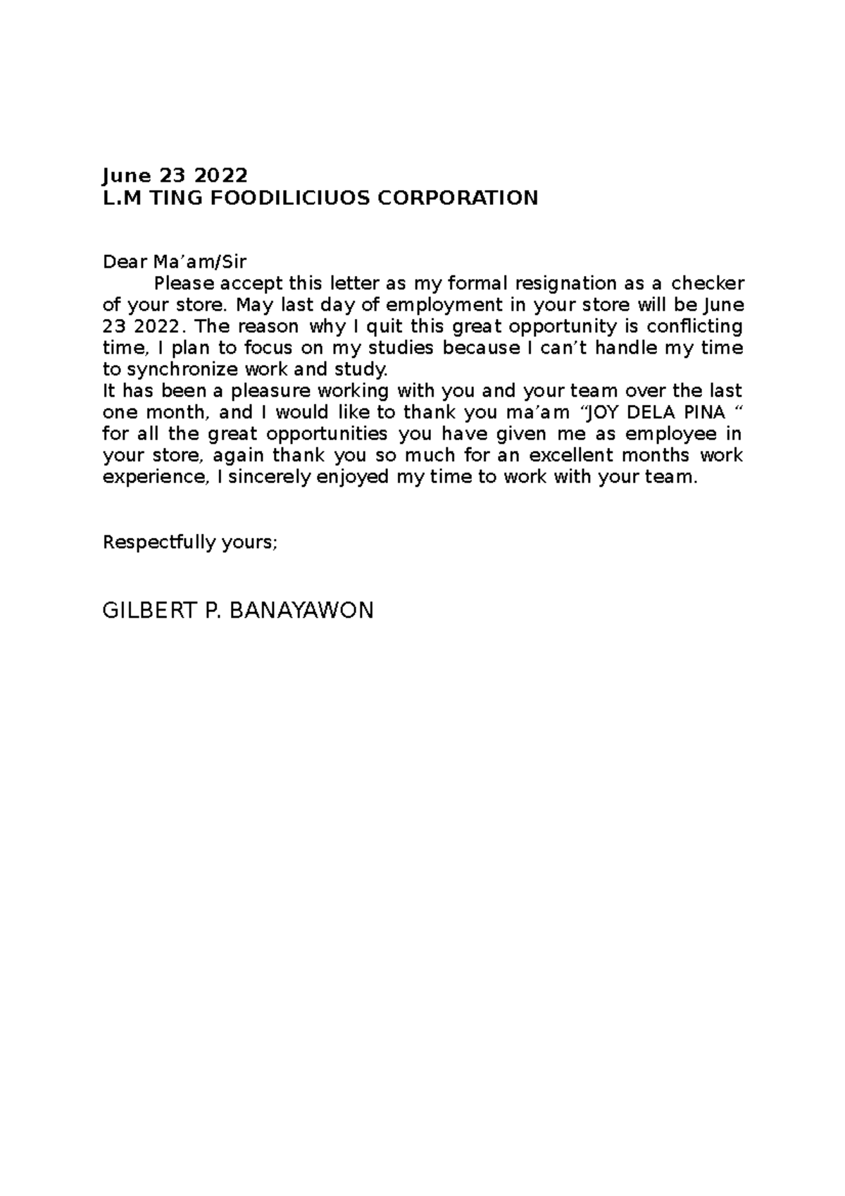 Resignation Letter - SAMPLE - June 23 2022 L TING FOODILICIUOS ...