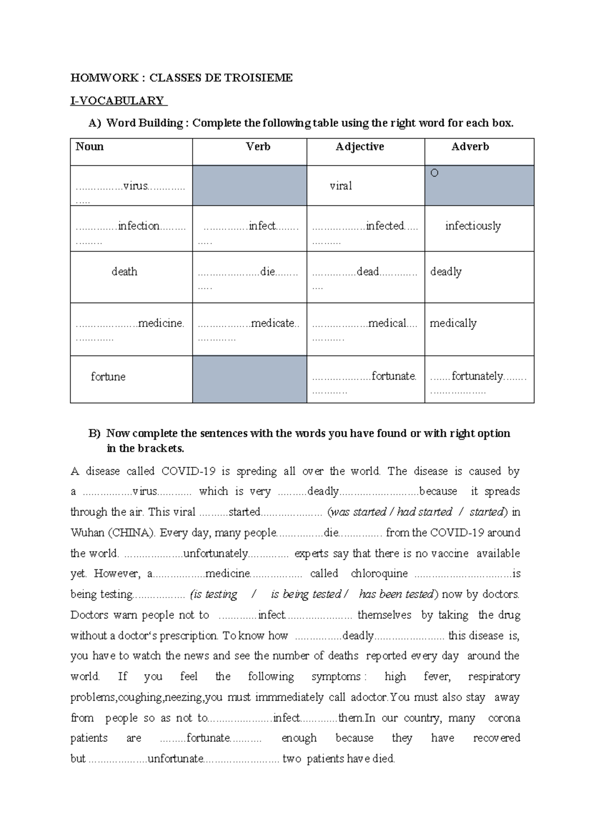 Homework Classes de Troisieme - HOMWORK : CLASSES DE TROISIEME I ...