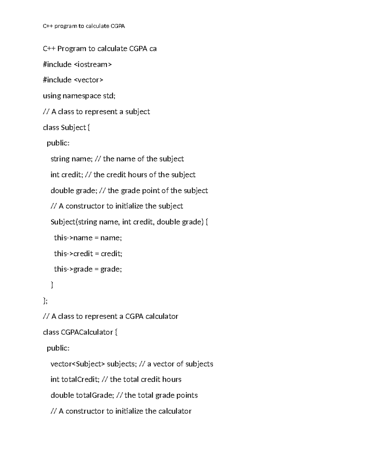 Document - A c++ program to calculate CGPA of a college student without ...