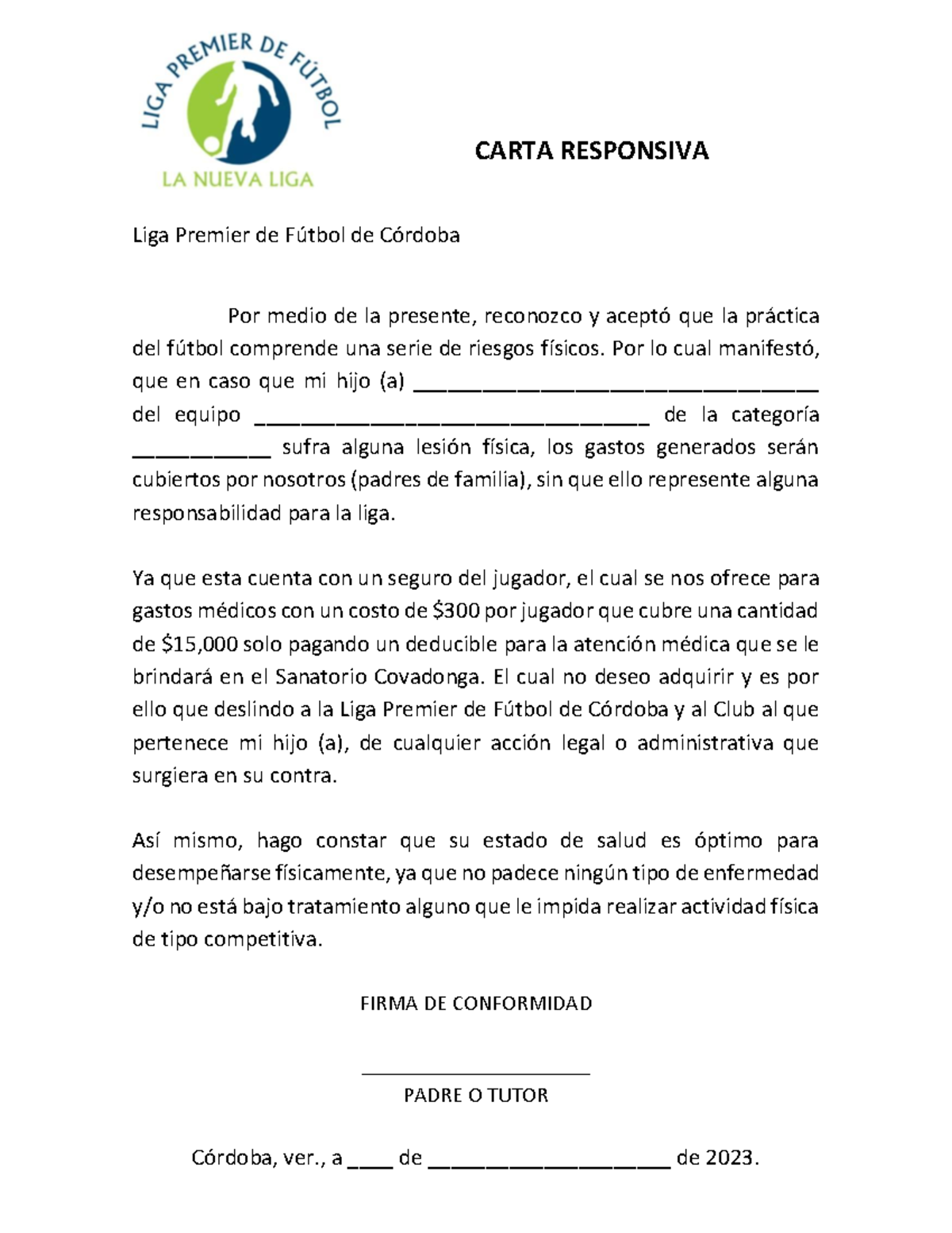 Carta Responsiva INF-JUV - CARTA RESPONSIVA Liga Premier de Fútbol de ...