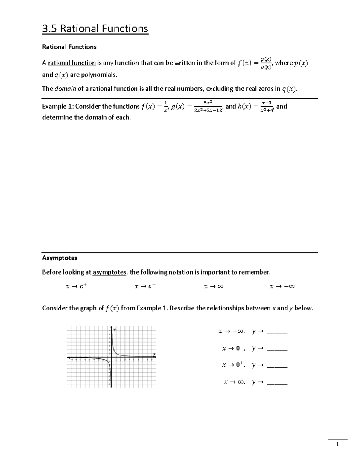 3.5 Rational Functions FA19 - Rational Functions A rational function is ...