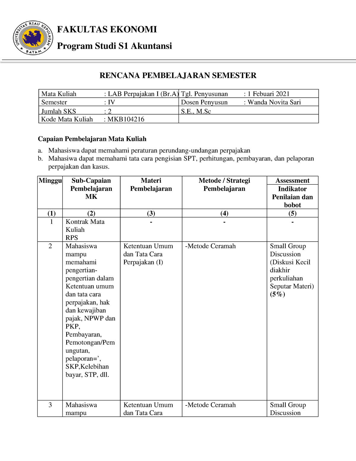 1-RPS LAB Perpajakan I (Brevet A) - Wanda Novita Sari - Program Studi ...