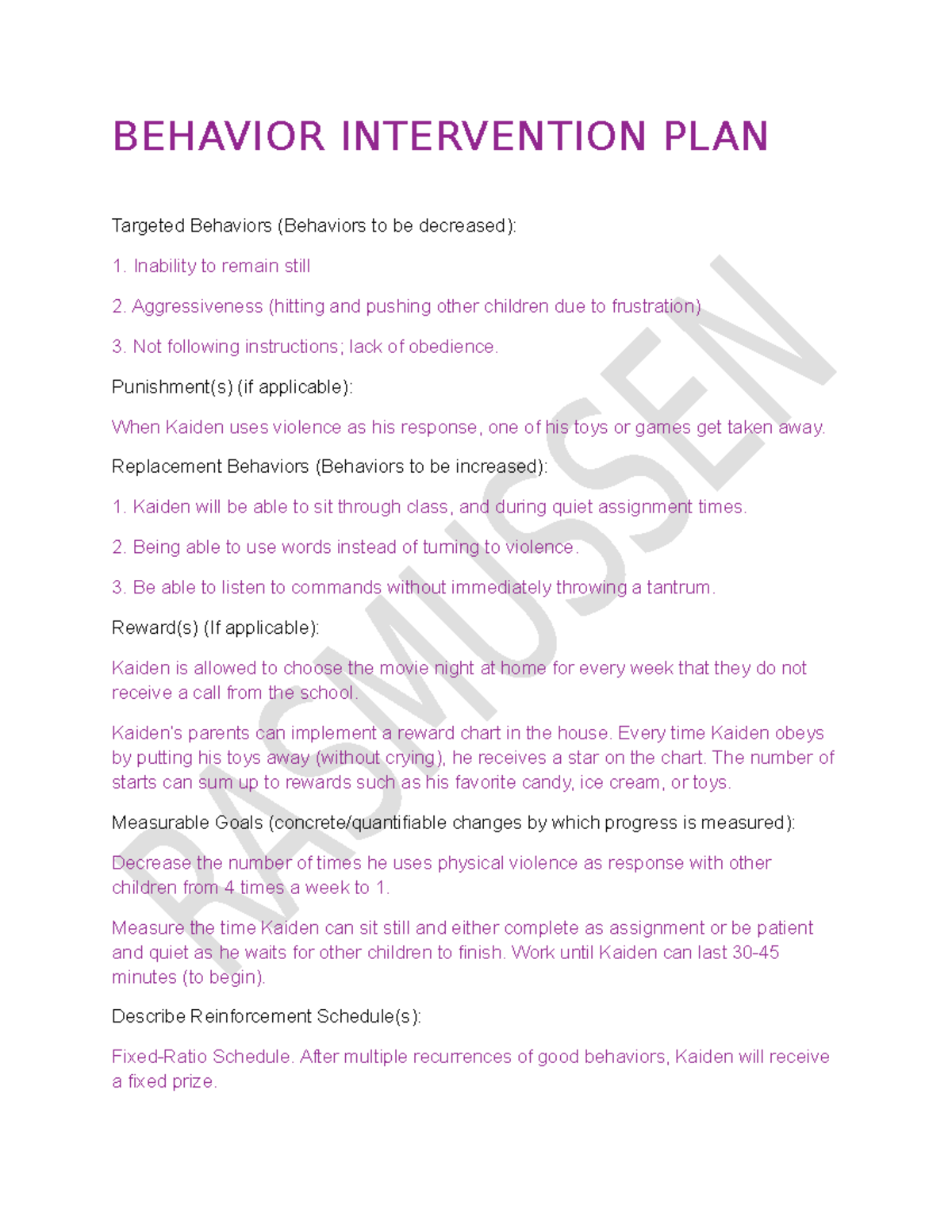 Behavior Intervention Plan - BEHAVIOR INTERVENTION PLAN Targeted ...