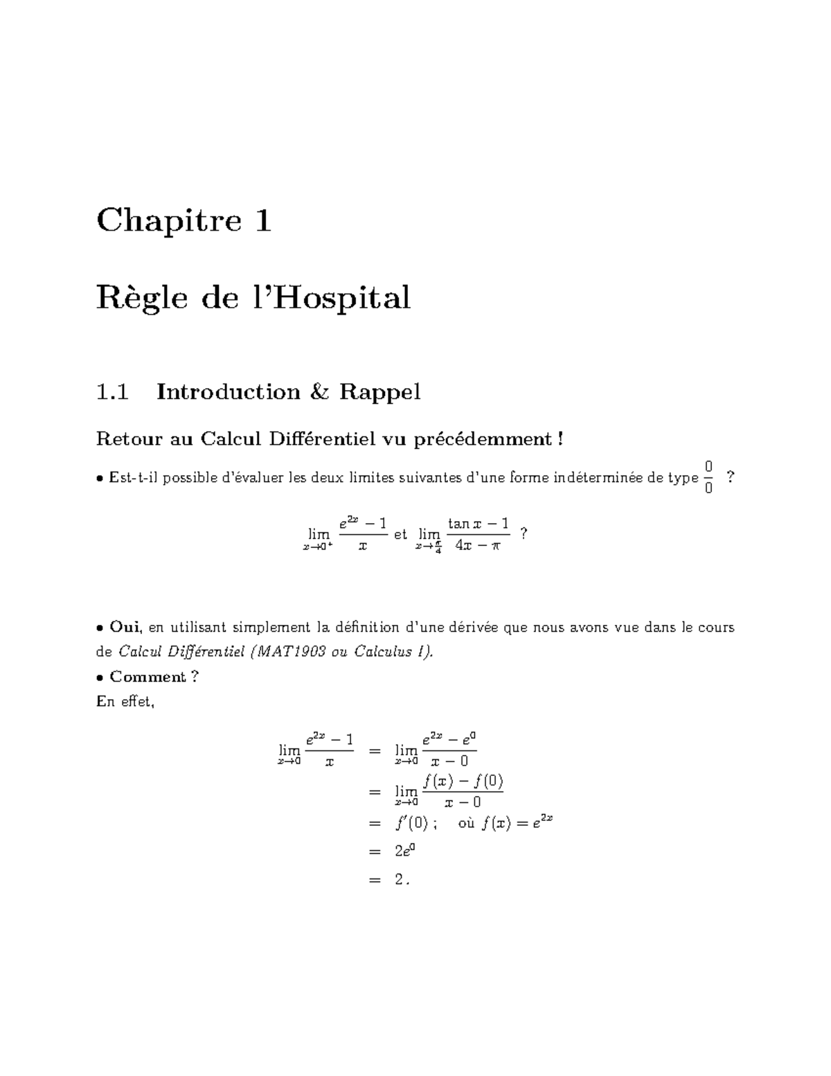 Chapitre 1 - regle de l'hopital - Chapitre 1 Règle de l’Hospital 1 ...