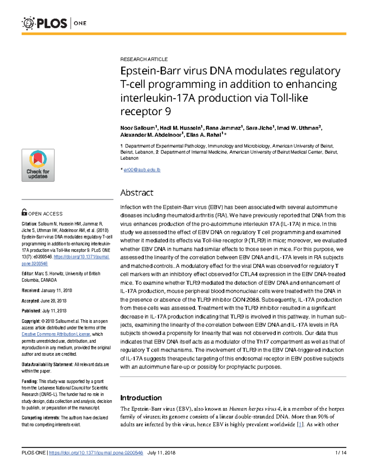 Plos One 2018 - NCBI ARTICLE - ASCI 440 - Cal Poly - Studocu