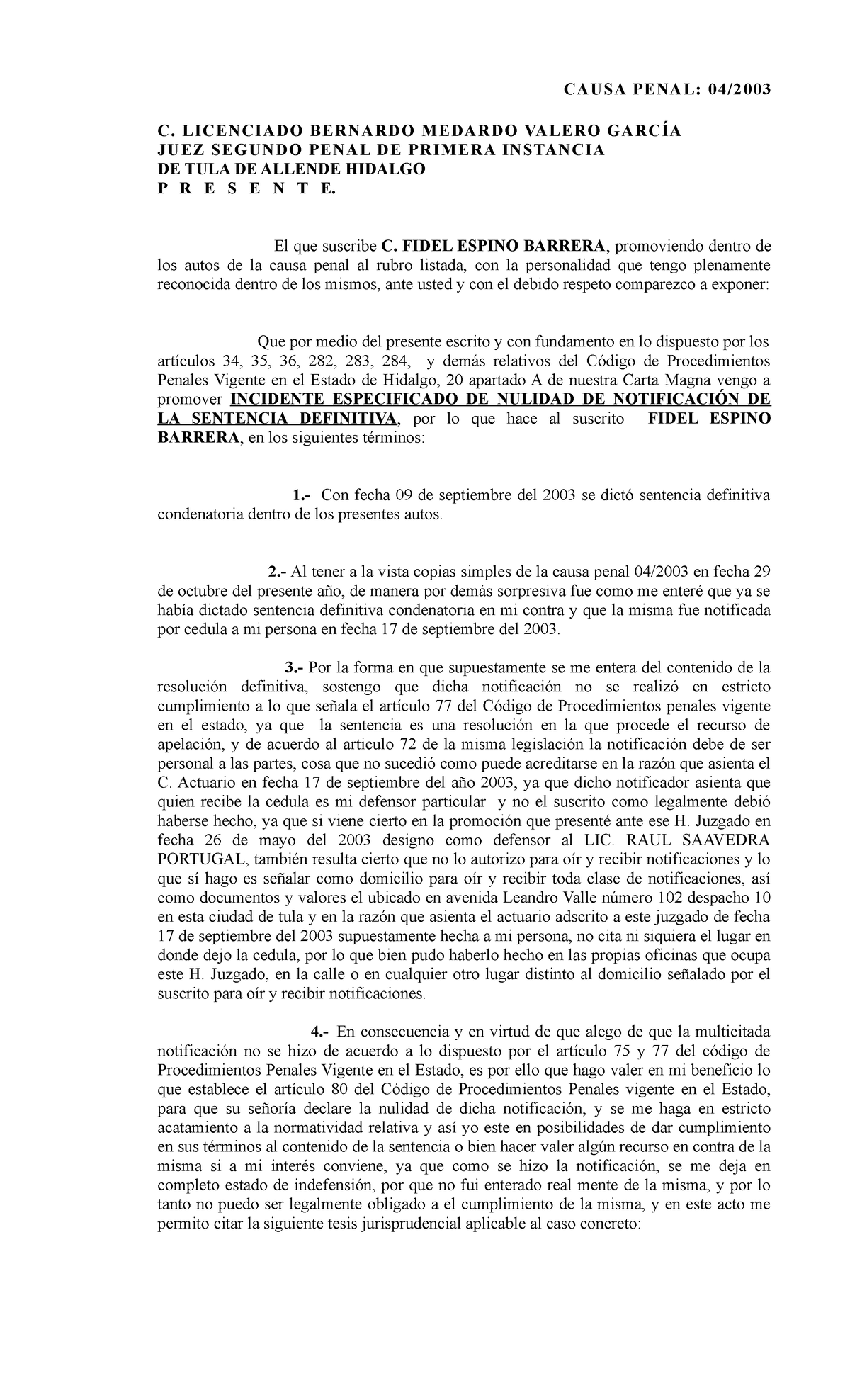 Nulidad Penal - XXXXXXXXXX - CAUSA PENAL: 04/ C. LICENCIADO BERNARDO ...