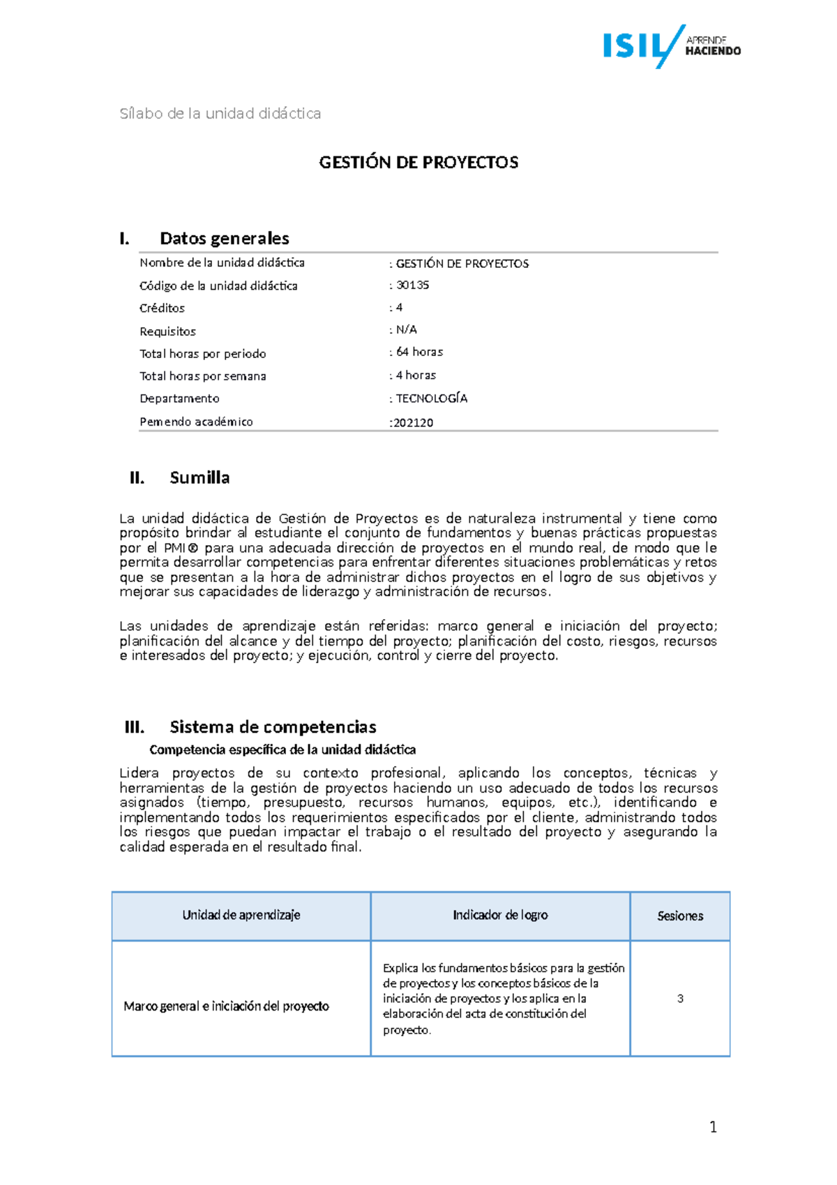 30135- Silabo - Guía Básica - GESTIÓN DE PROYECTOS I. Datos Generales ...