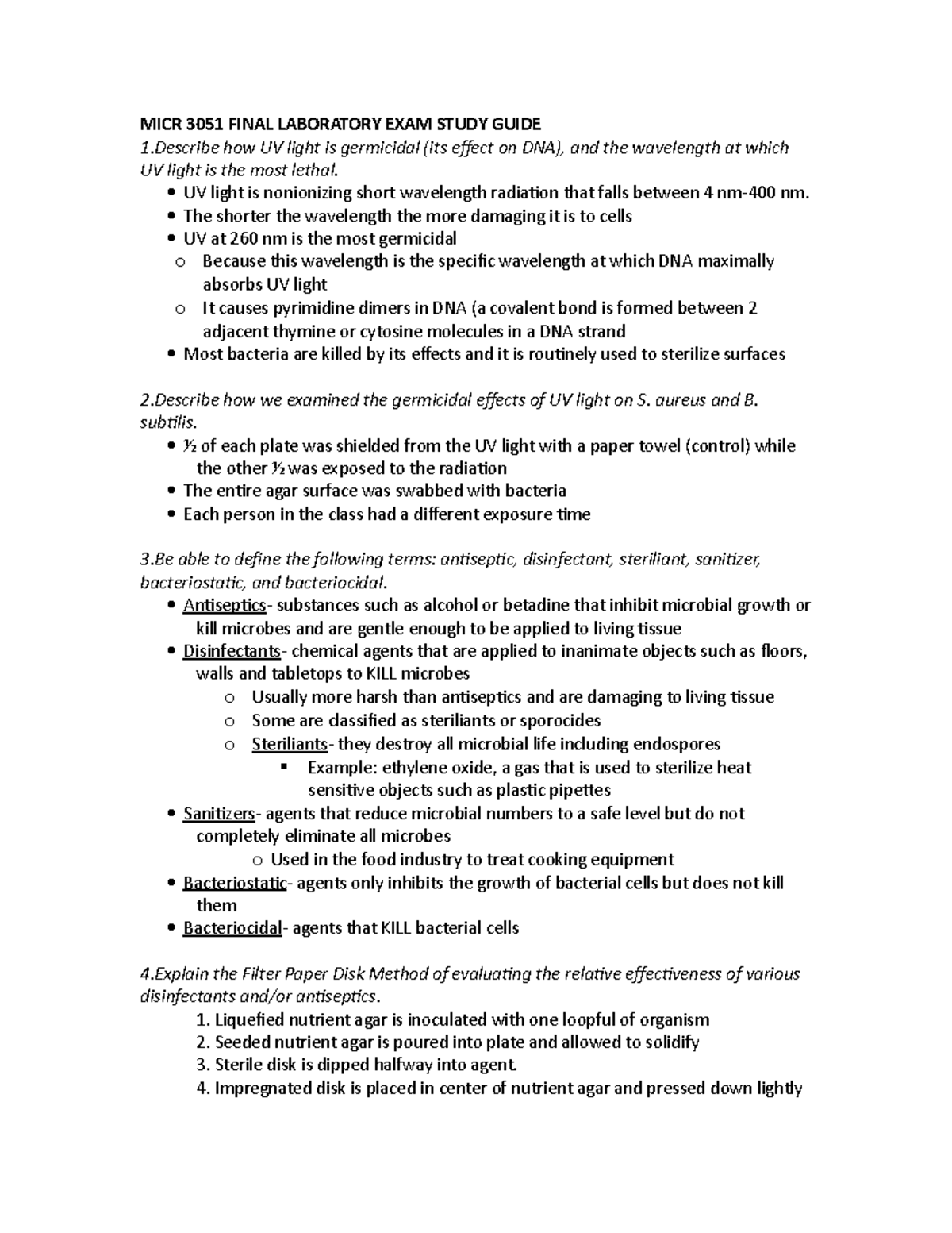 Micro lab final General Micro MICR 3051 FINAL LABORATORY EXAM STUDY