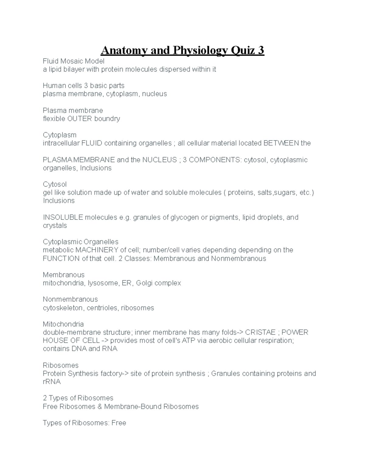 Anatomy And Physiology Quiz 3 - ) Inclusions INSOLUBLE Molecules E ...