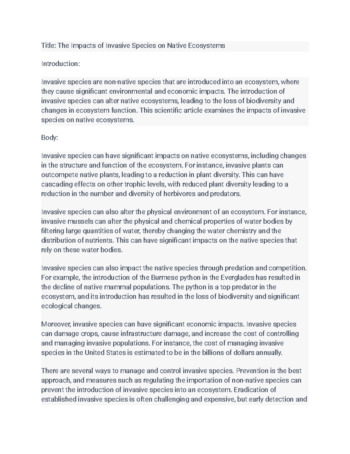 Write an scientific article for Ecology on the Impacts of Invasive ...