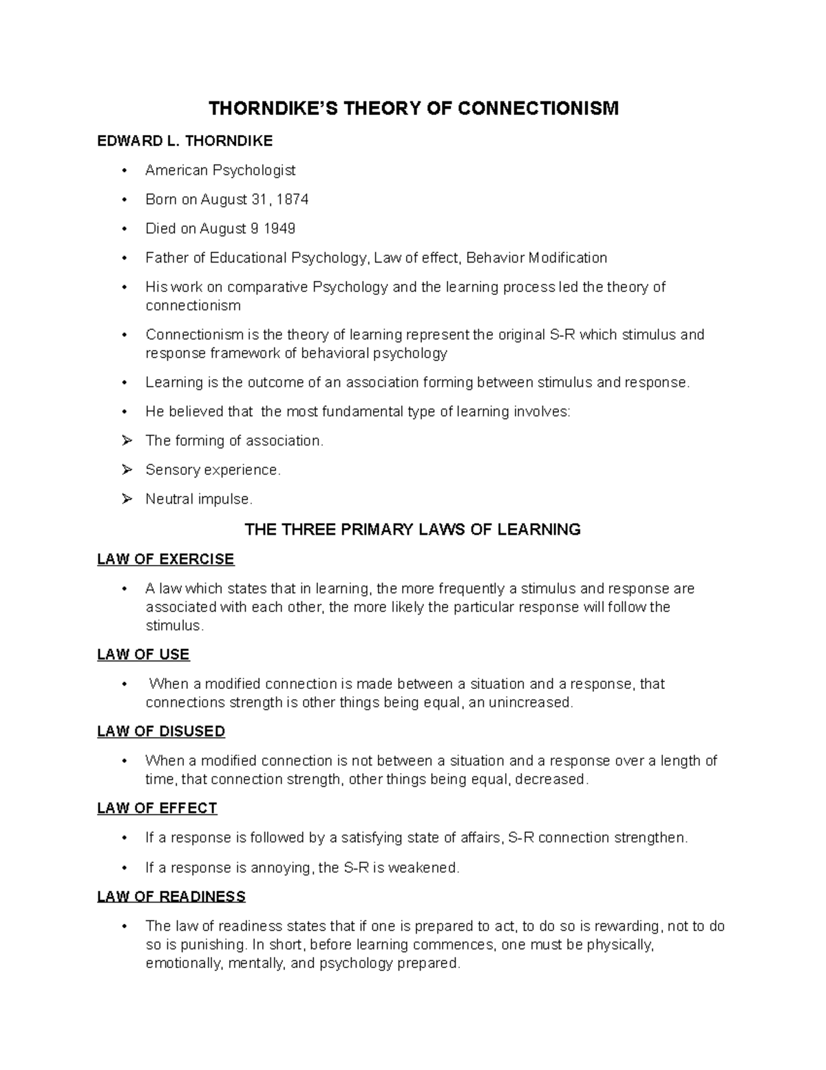Thorndike'S Connectionism Theory THORNDIKE’S THEORY OF CONNECTIONISM