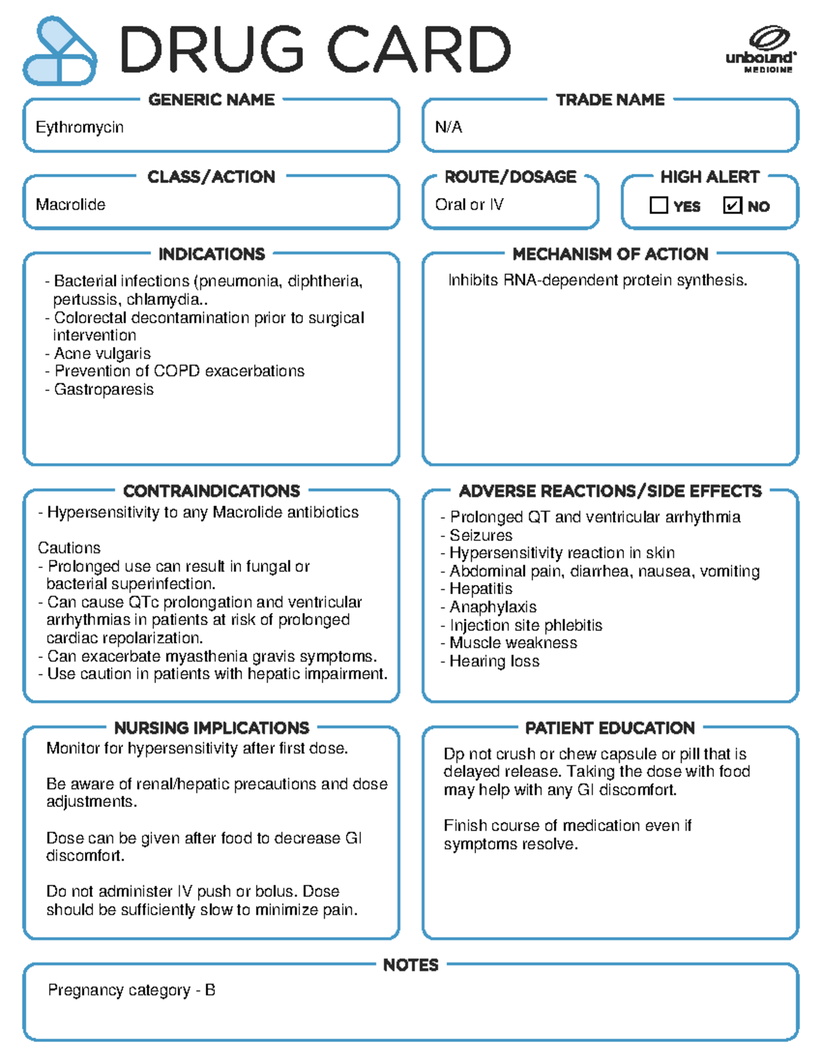 Erythromycin Drug Card - NUR 378 - Studocu