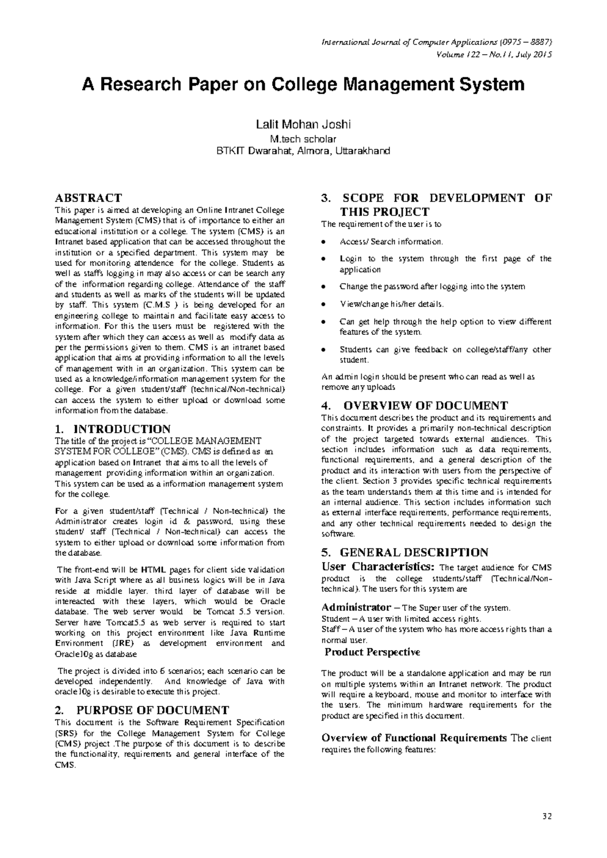 A Research Paper on College Management S - Volume 122 – No, July 2015 A ...