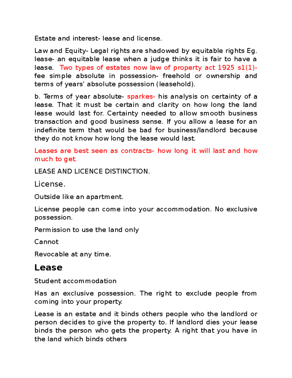 LAND LAW EXAM Notes Estate and interest lease and license. Law and