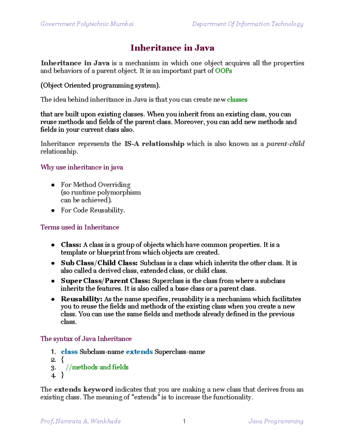 Java Notes For beginners - Inheritance in Java Inheritance in Java is a ...