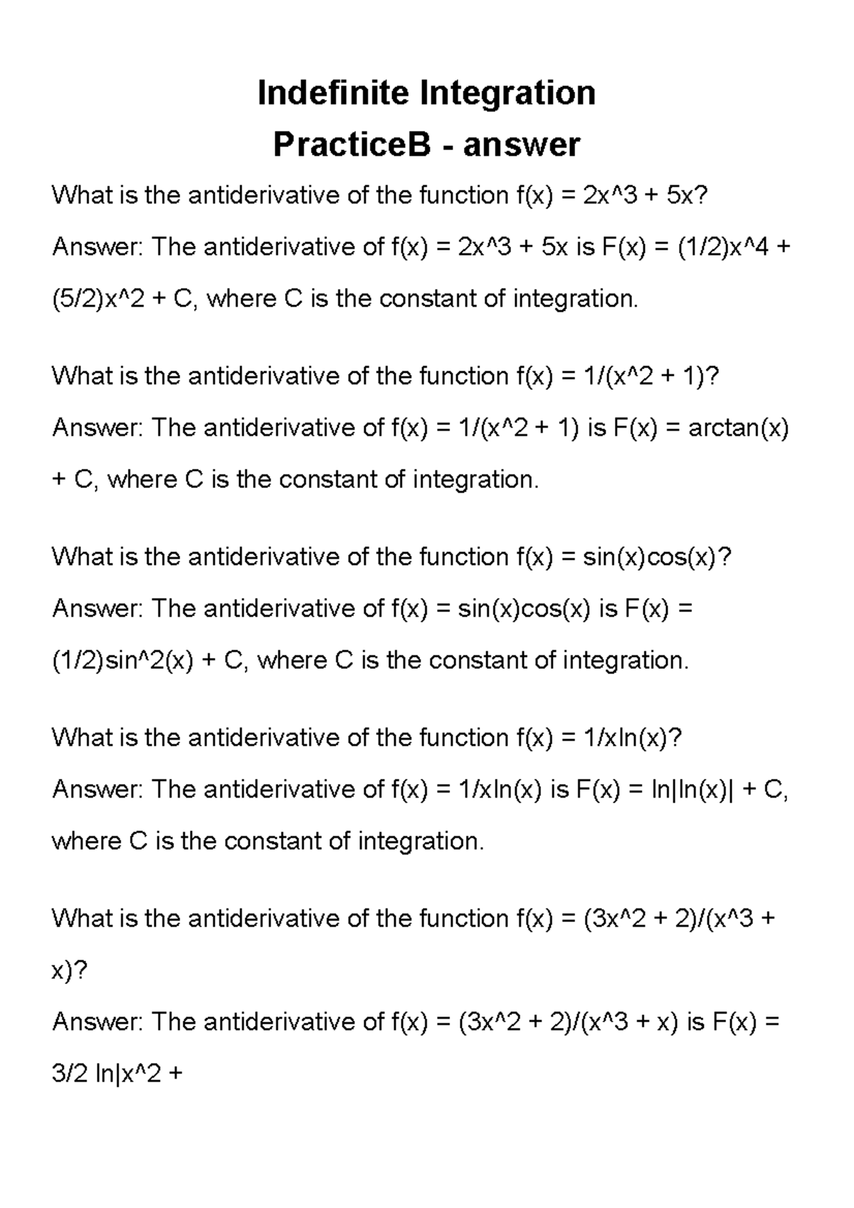 Indefinite Integration Practice B - Answer - Indefinite Integration ...