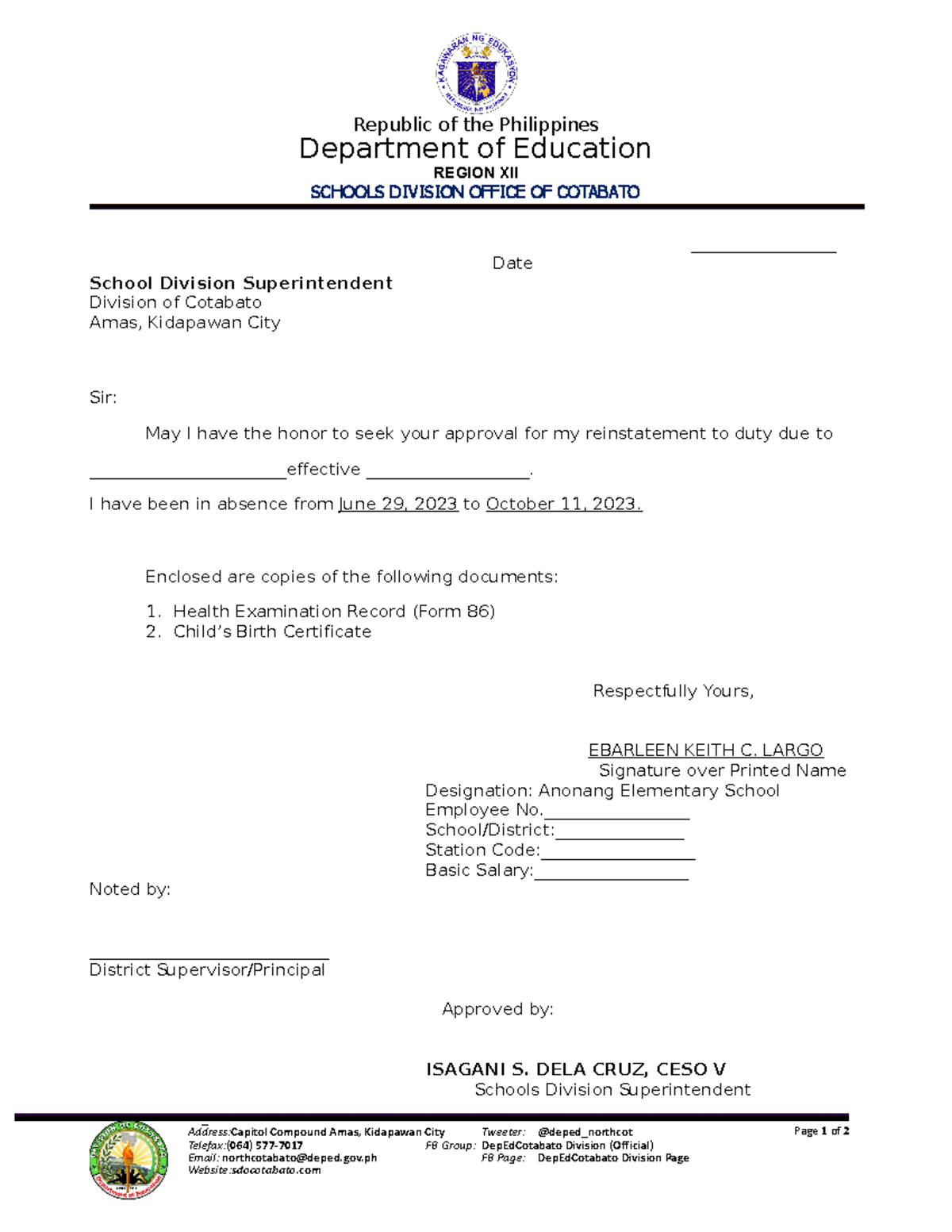 Return to duty formnew - Don;t copy this. - Page 1 of 2 Republic of the ...