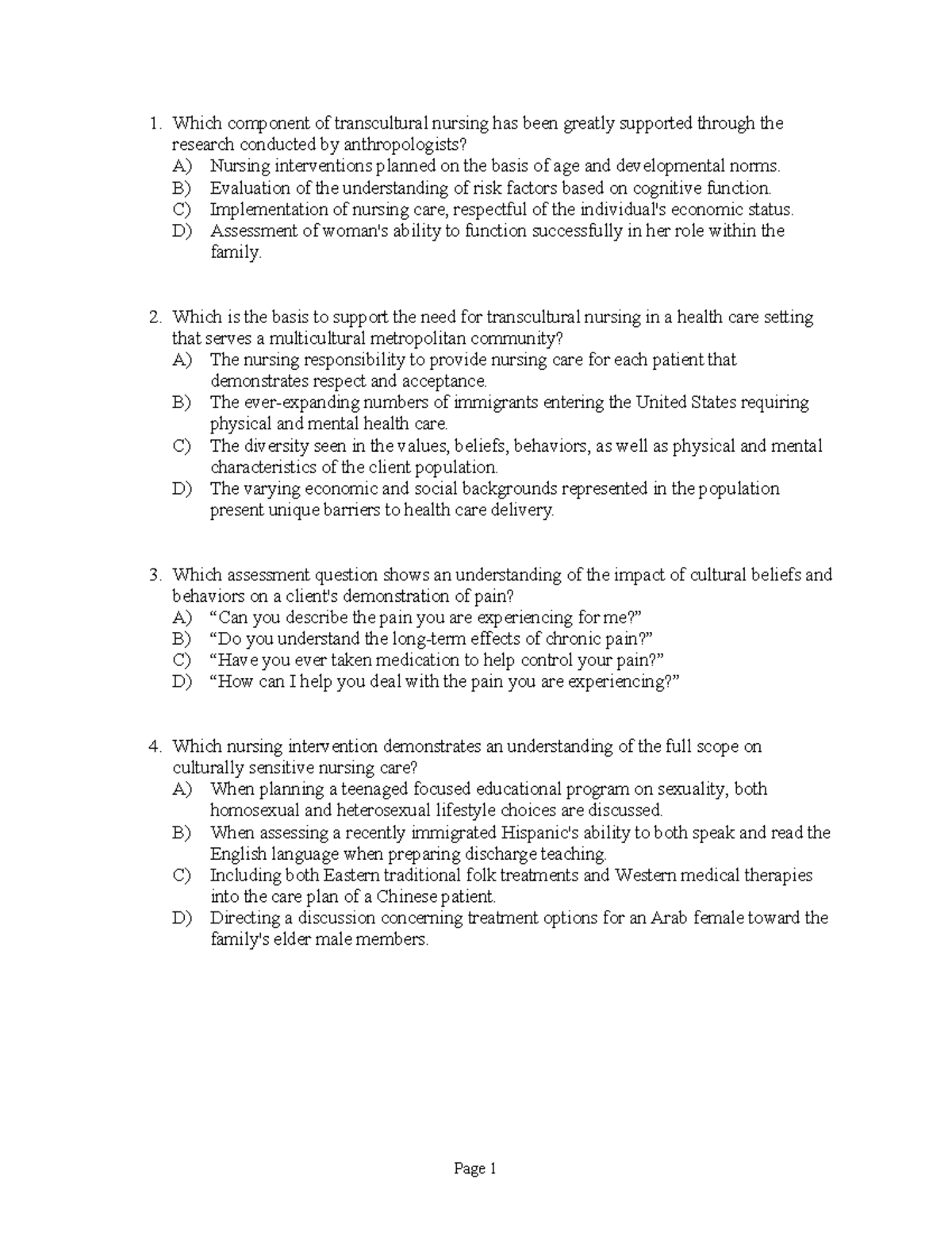 Chapter 01 Theoretical Foundations Of Transcultural Nursing Which